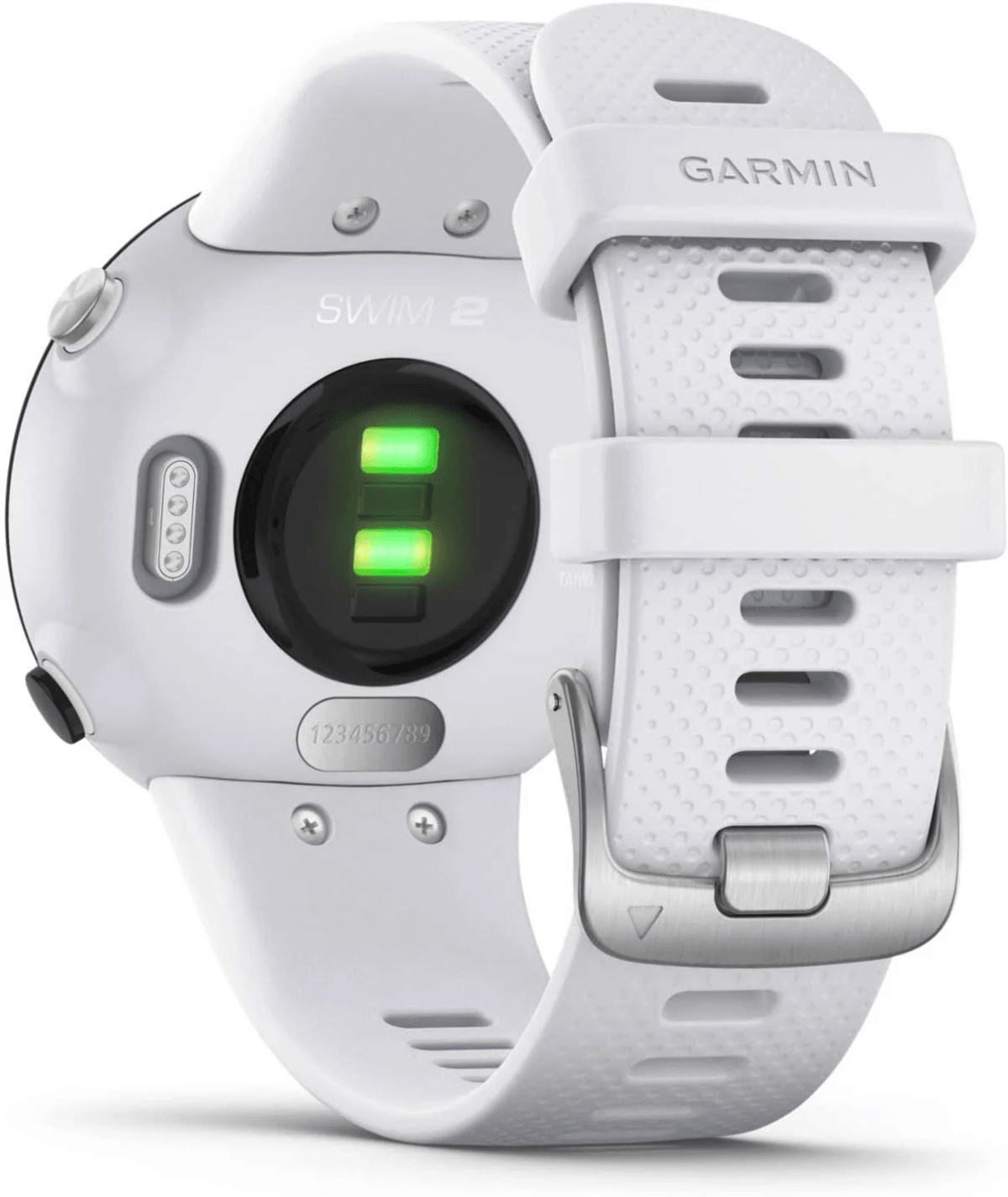 Weiße Garmin Swim 2 Uhr mit Herzfrequenzmesser und weißem Armband.