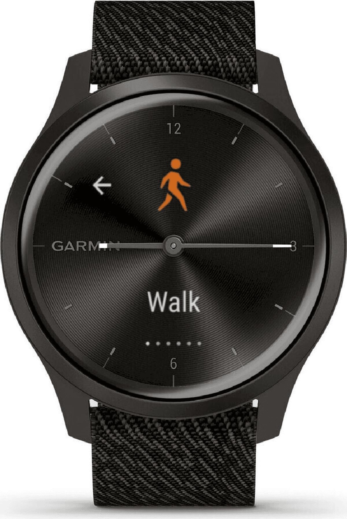 Schwarze Garmin Smartwatch mit Gehsymbol und dem Wort 'Walk'.