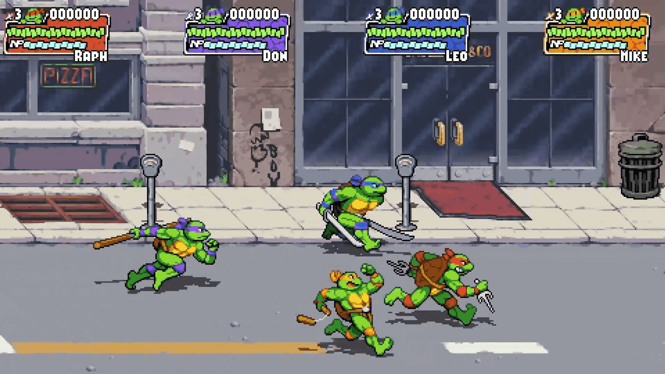 Vier Teenage Mutant Ninja Turtles rennen auf einer Stadtstraße vor einem Gebäude.