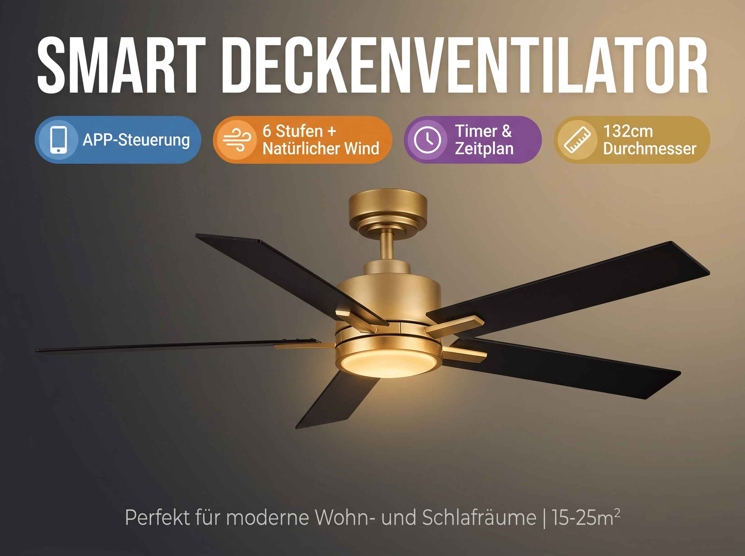 Goldener Deckenventilator mit schwarzen Rotorblättern und integriertem Licht.