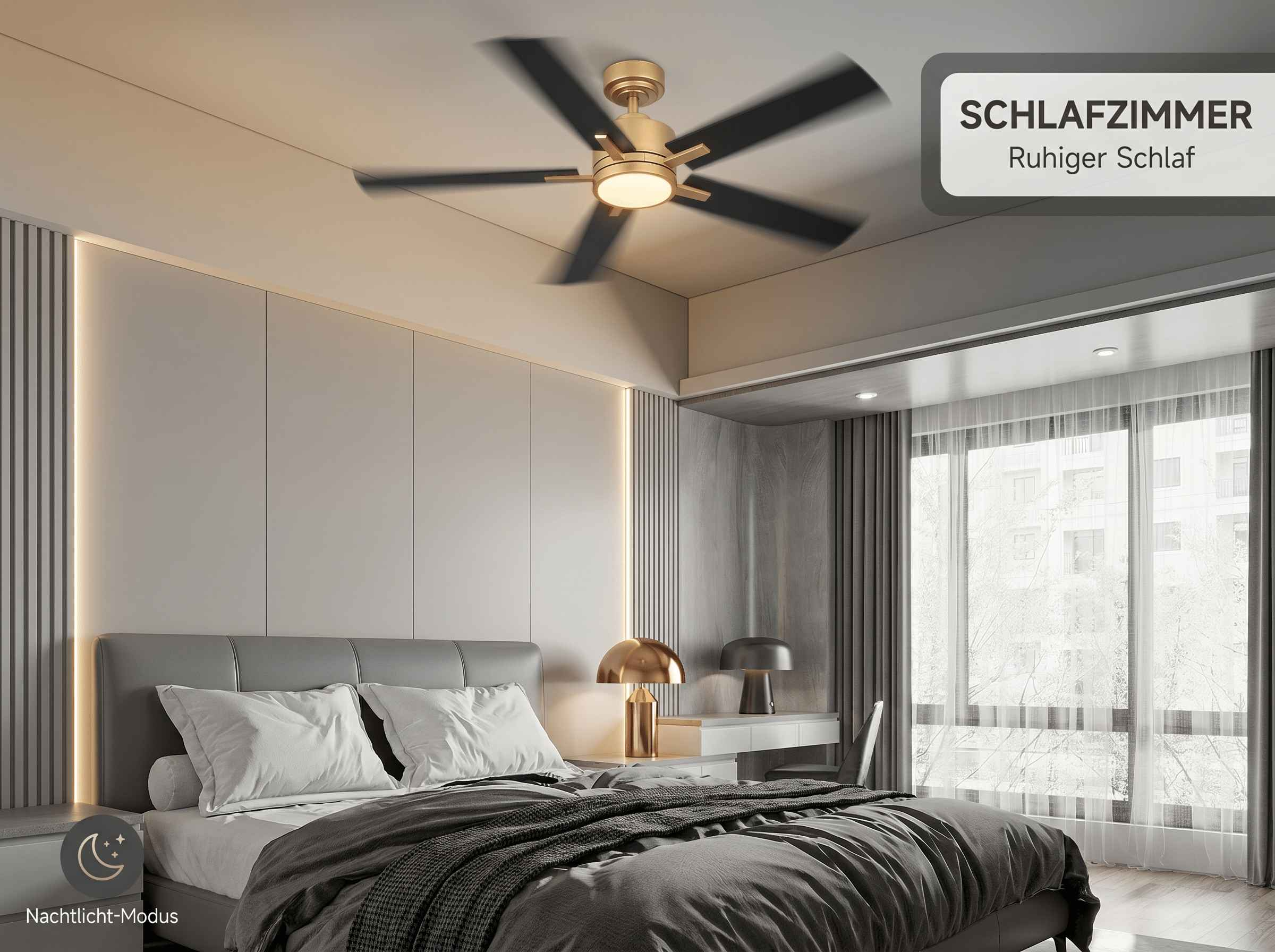 Schlafzimmer mit Deckenventilator, Bett und Nachttisch.