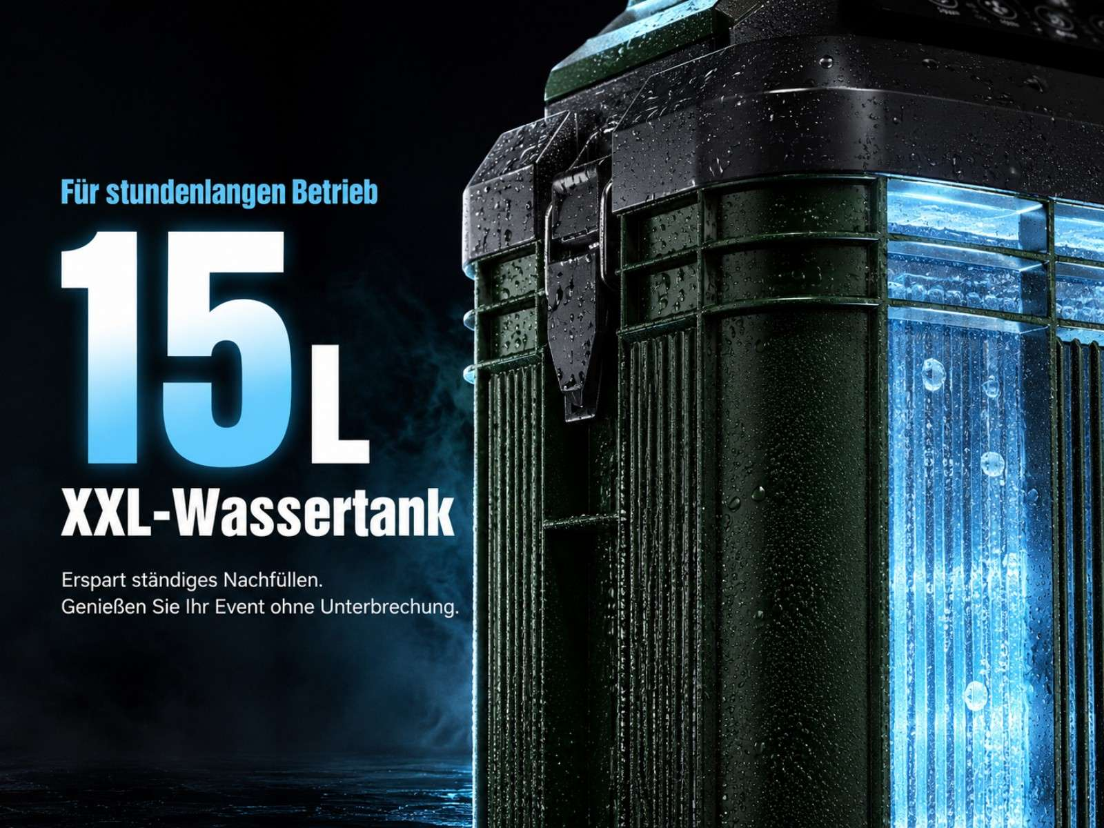 Ein grüner 15L XXL-Wassertank mit blauer Beleuchtung und Wassertropfen.