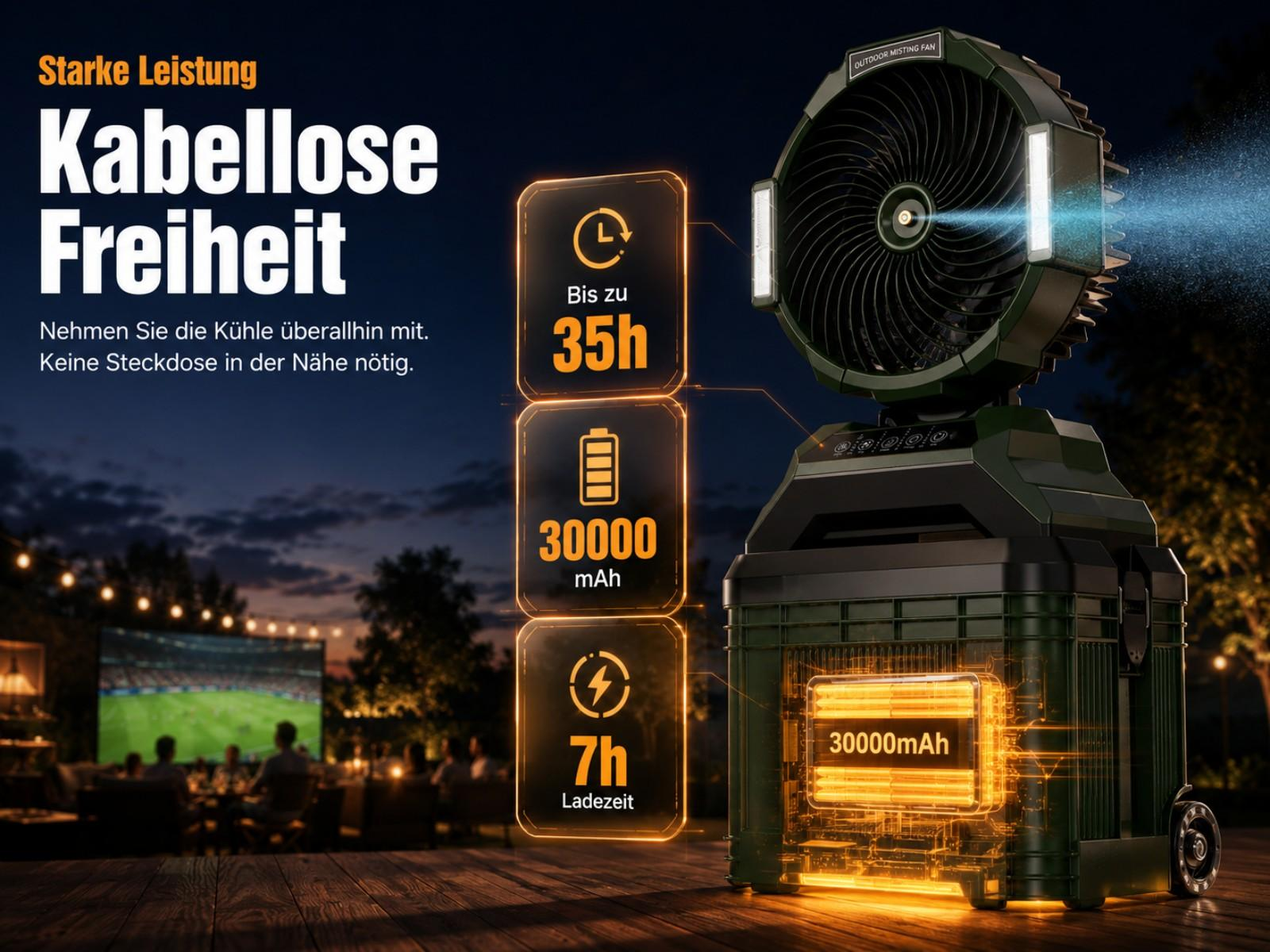 Ein tragbarer Lüfter mit bis zu 35h Akkulaufzeit und 30000mAh Kapazität.