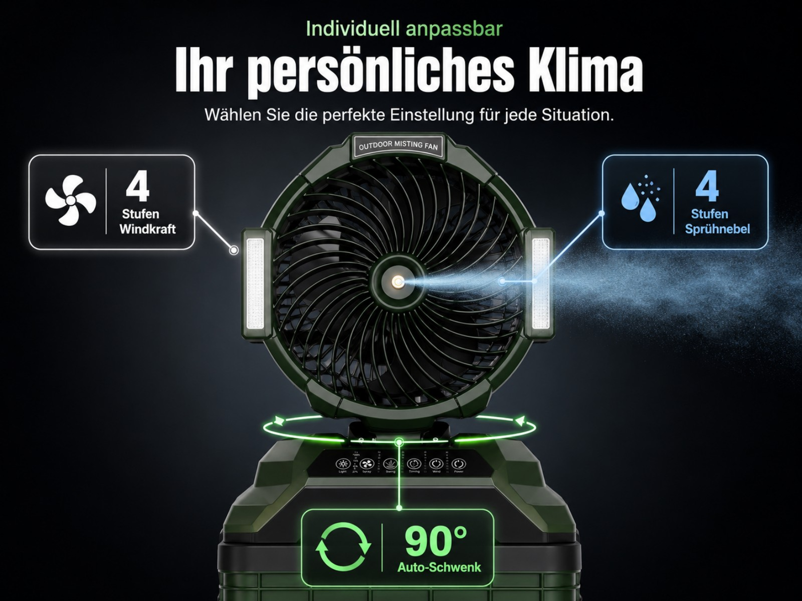 Ein grüner Outdoor-Misting-Ventilator mit 4 Windkraft- und Sprühnebelstufen, 90° Oszillation.