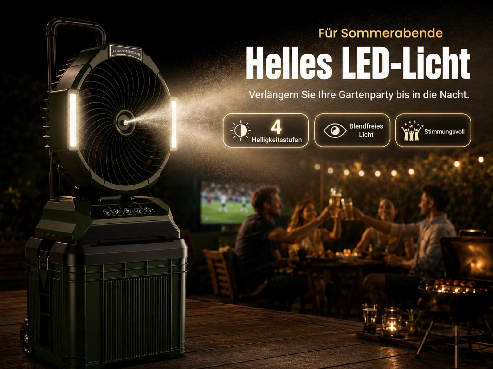 Ein grüner Nebellüfter mit LED-Licht sprüht Wasser, Leute grillen und trinken.