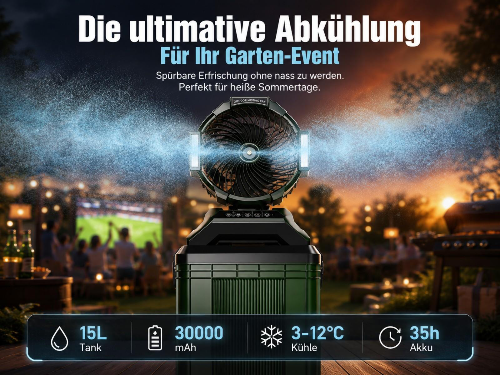 Ein Nebelventilator kühlt eine Gartenparty mit Fußball im Hintergrund.
