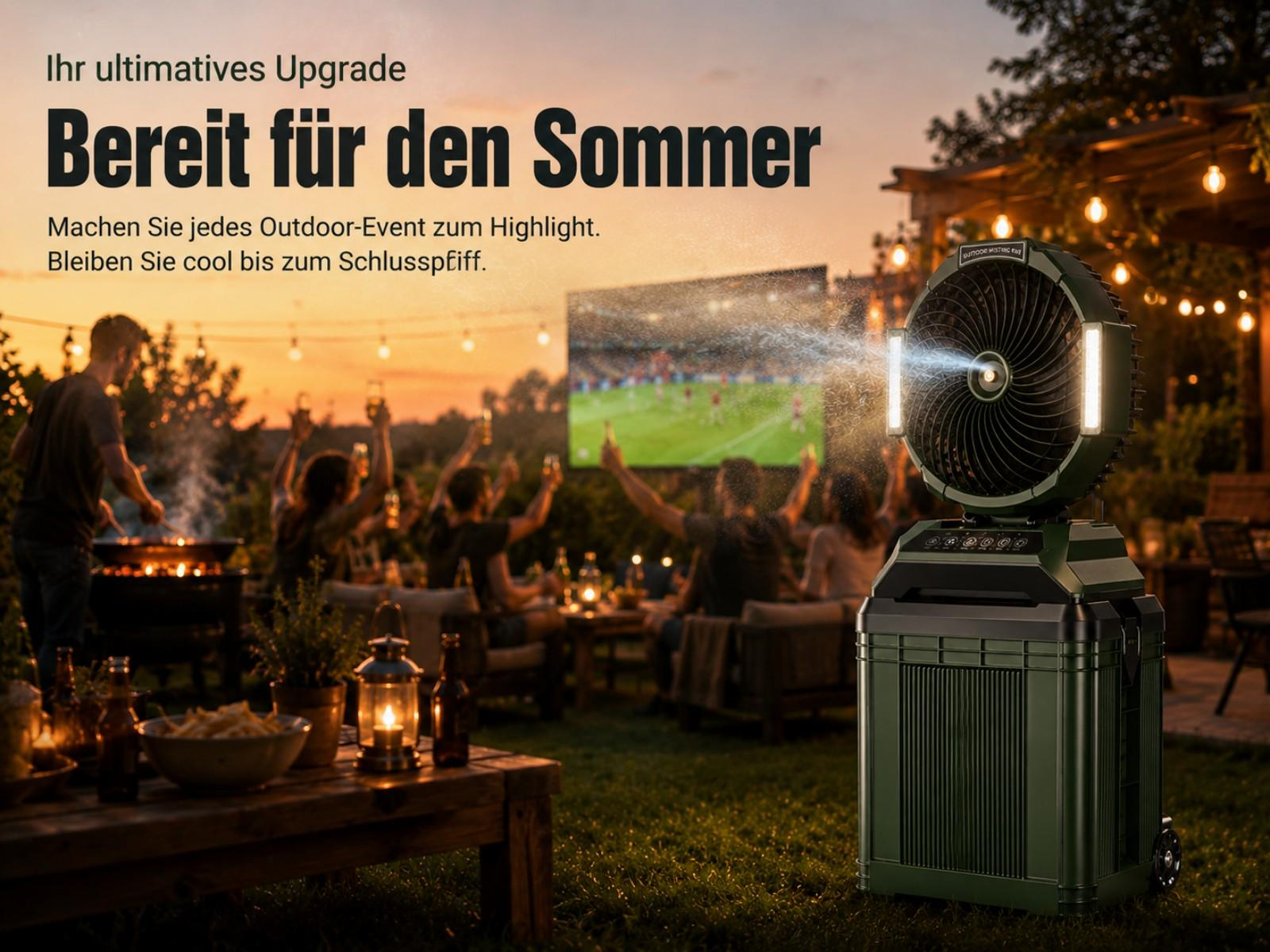 Ein grüner Nebellüfter kühlt eine Gruppe beim Grillen und Fußballschauen im Freien.
