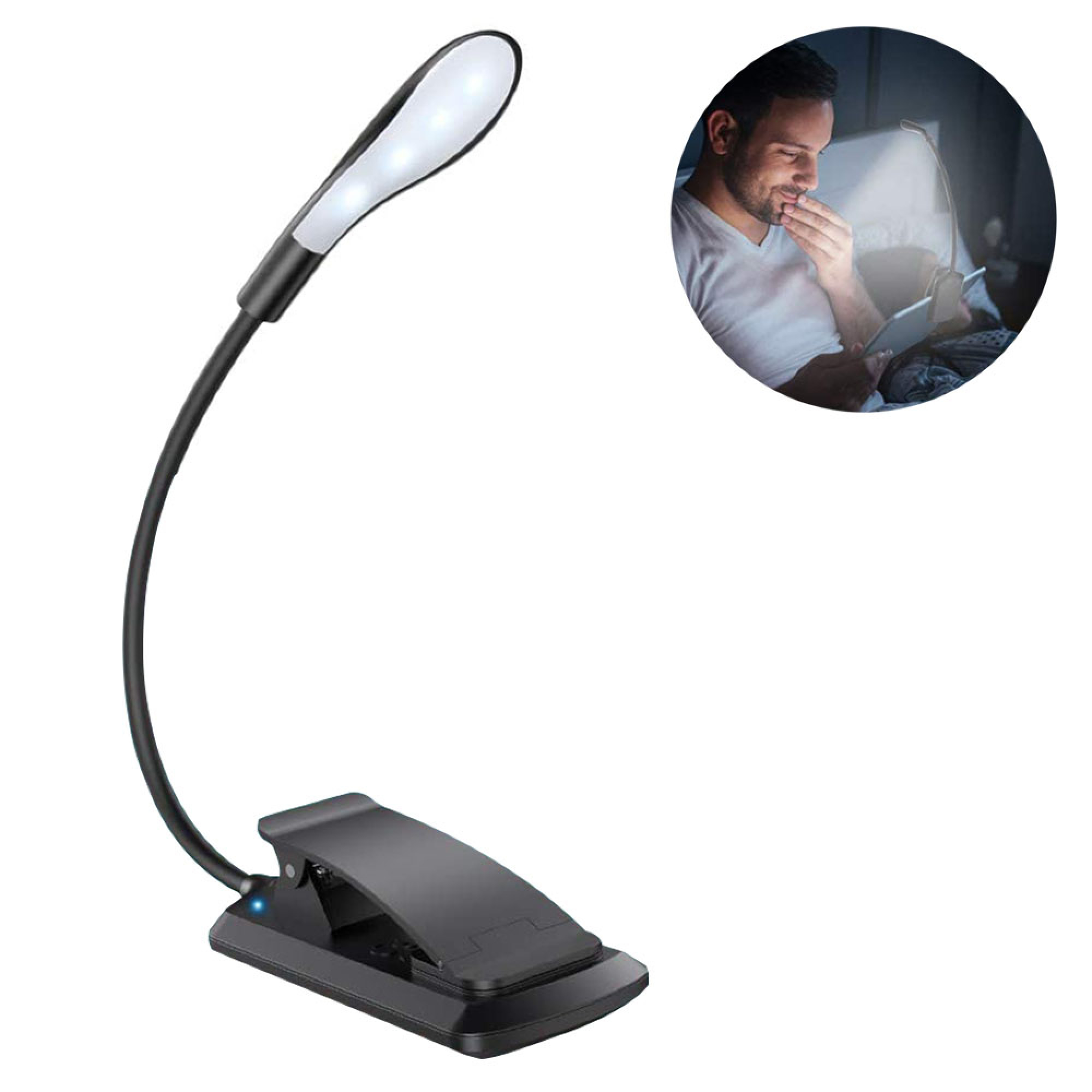 Ein schwarzer Klemm-Leseleuchte mit flexiblen Arm und LEDs leuchtet auf ein Tablet.