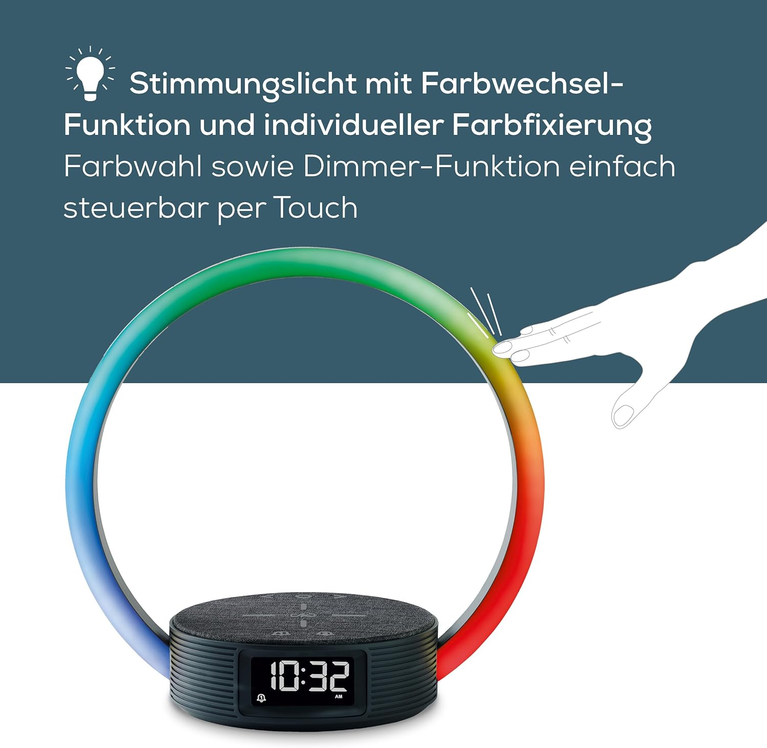 Ein Ringlicht mit Farbwechsel und Digitaluhr wird per Touch bedient.