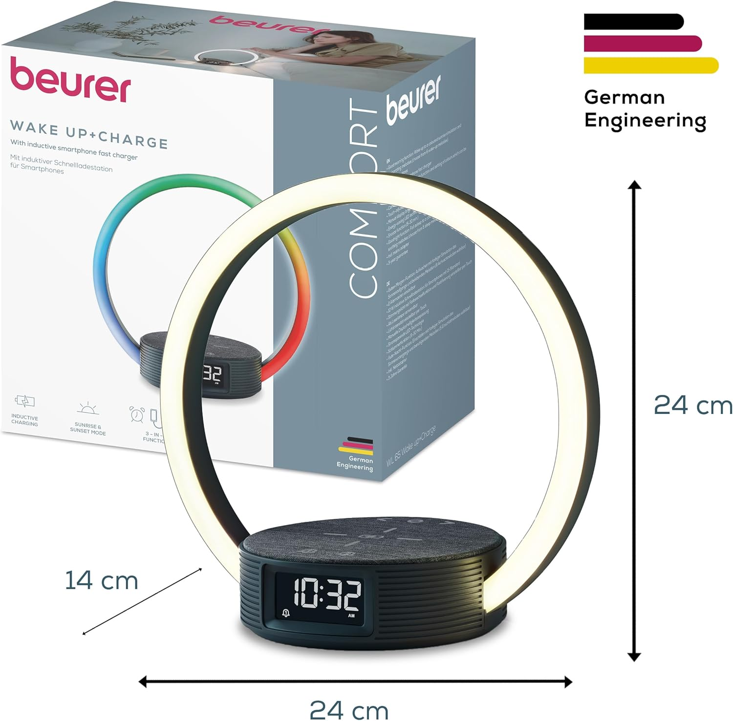 Beurer Wake Up+Charge Lampe mit Ladefunktion und digitaler Uhrzeit.