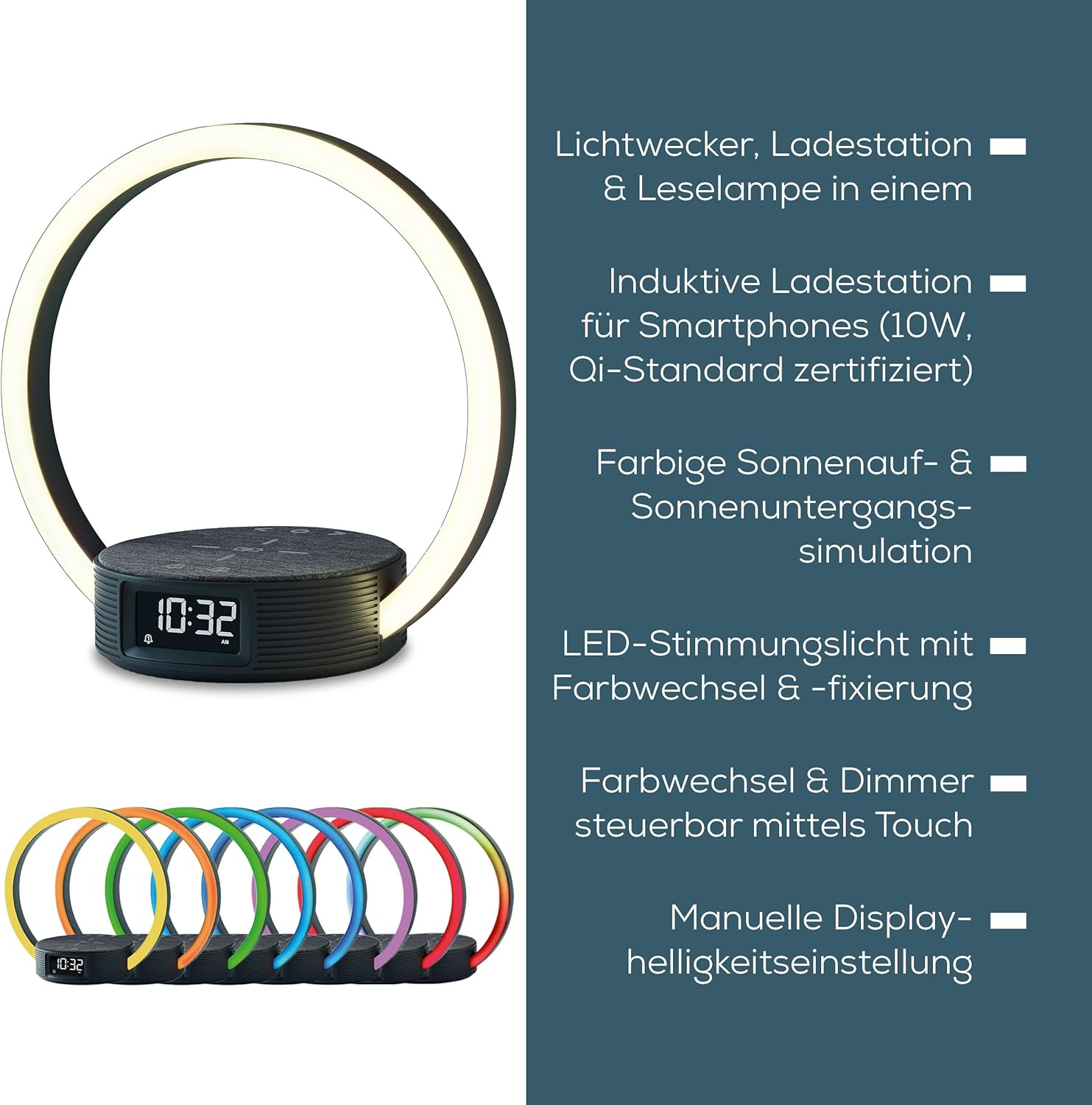 Wecker, Ladestation & Leselampe mit Farbwechsel, farbigen Simulationen und Touch-Steuerung.