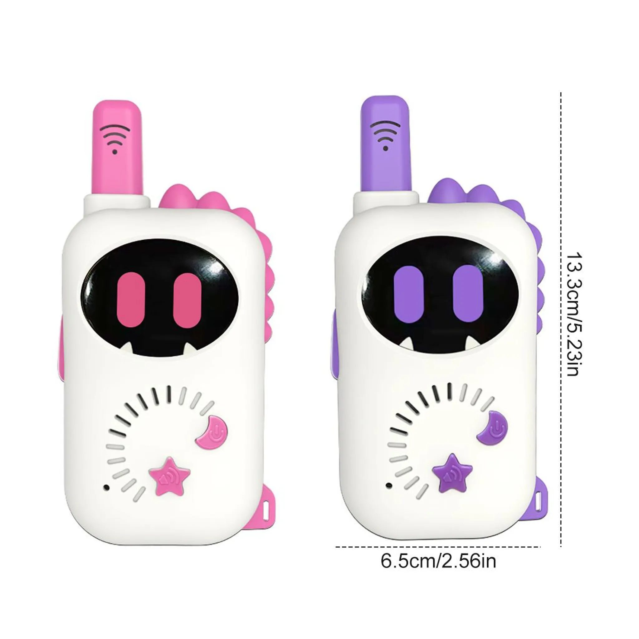 Zwei weiße Walkie-Talkies mit pinken und violetten Akzenten, im Dino-Stil.