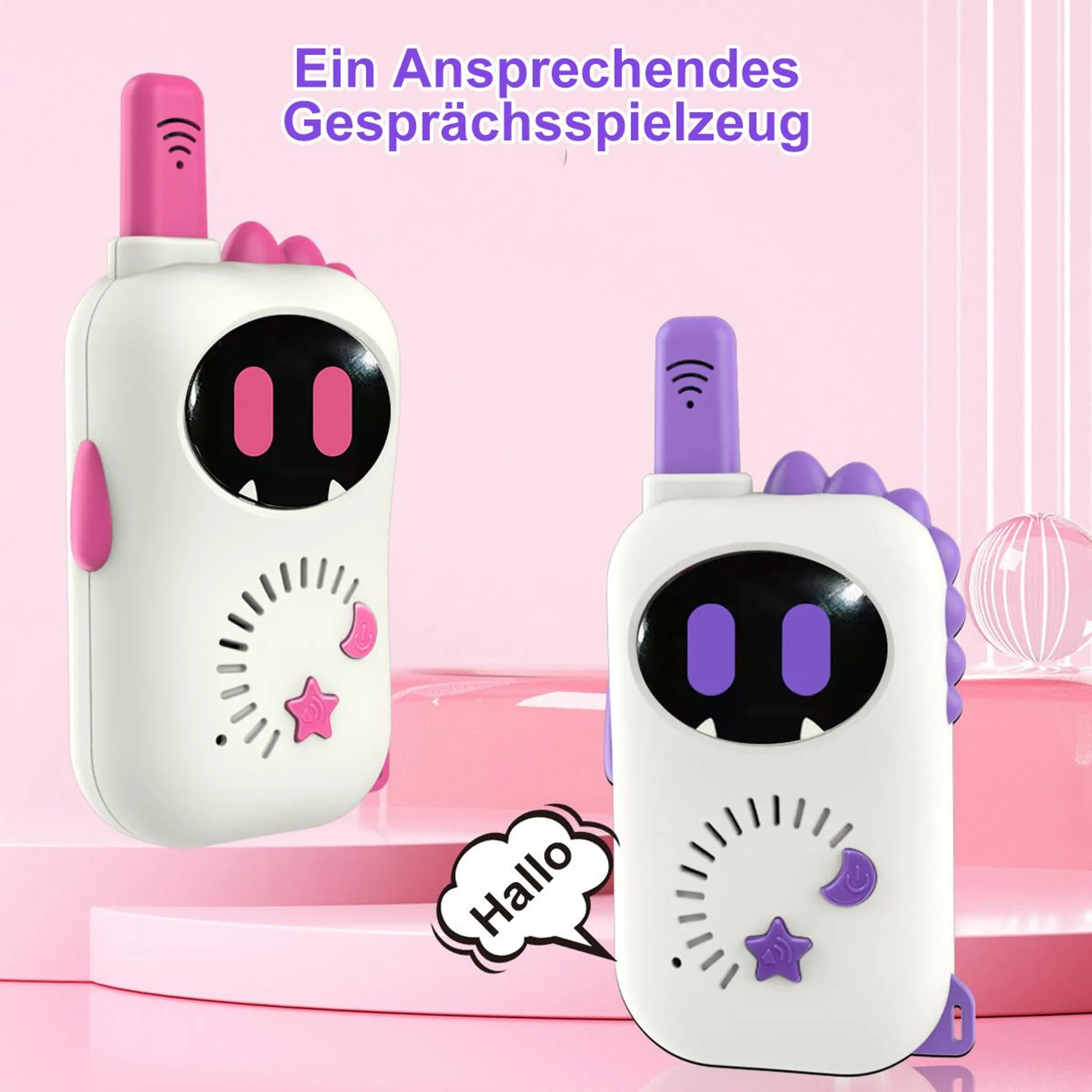 Zwei weiße Walkie-Talkies mit lila und pinken Akzenten, die niedlich aussehen.