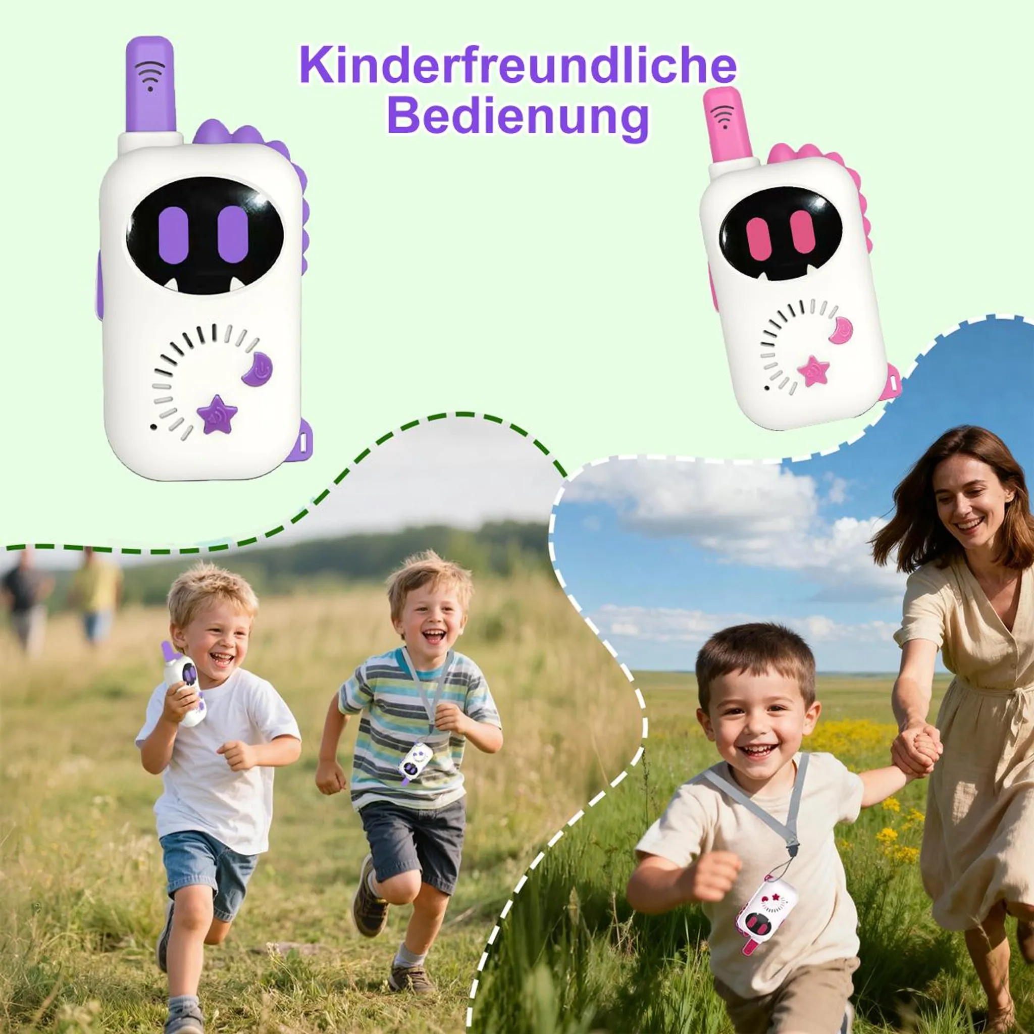 Kinder rennen im Freien, halten Händchen mit einer Frau, mit Walkie-Talkies.