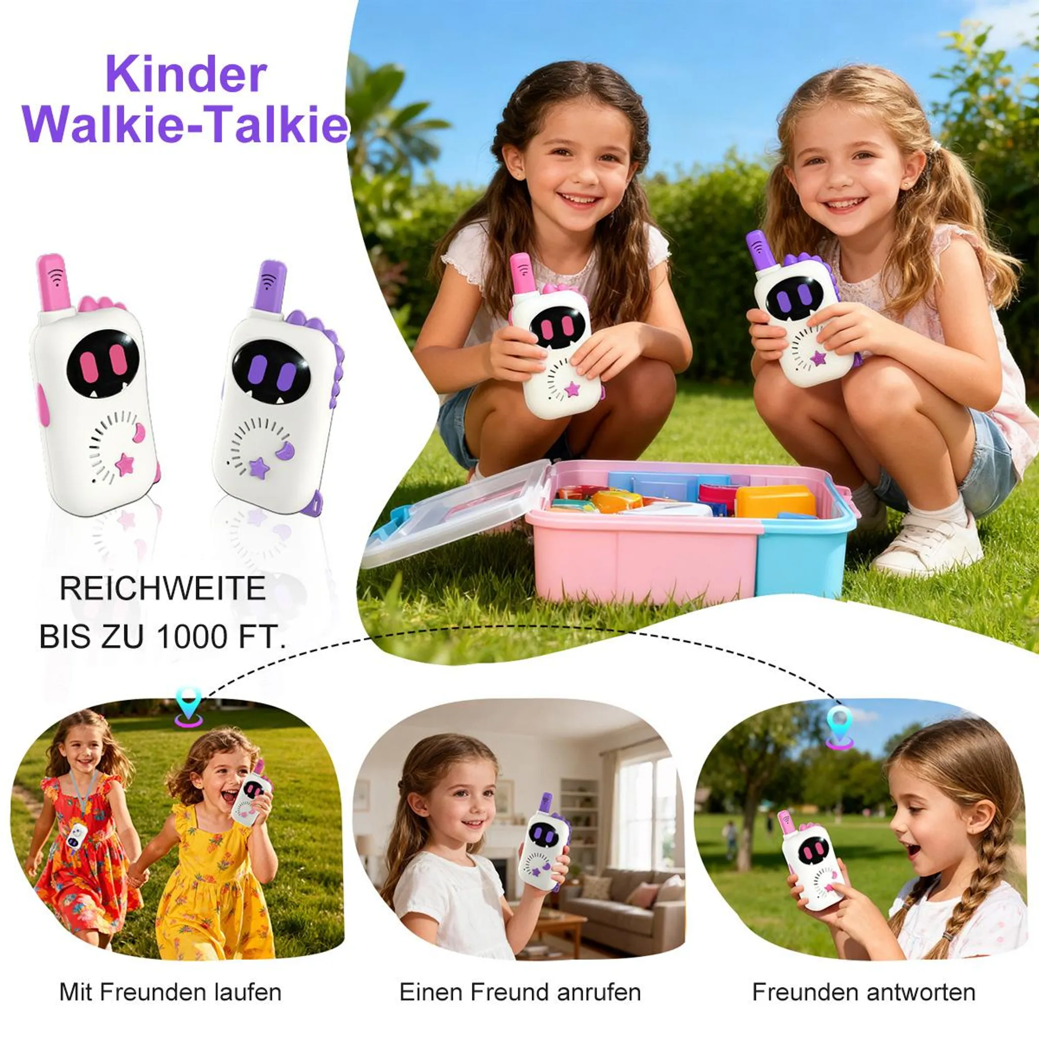 Zwei Kinder halten Walkie-Talkies im Freien, daneben sind bunte Spielsachen in einer Kiste.