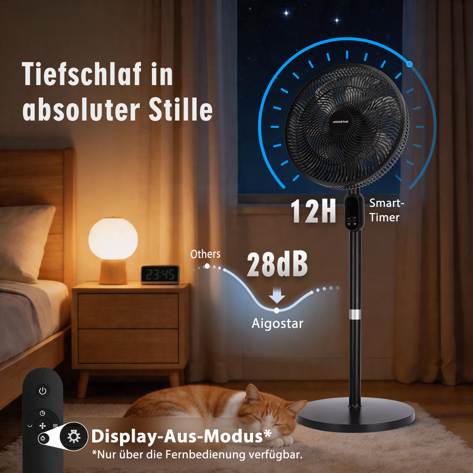 Ein Schlafzimmer bei Nacht mit einem Ventilator, Katze und Nachttisch.