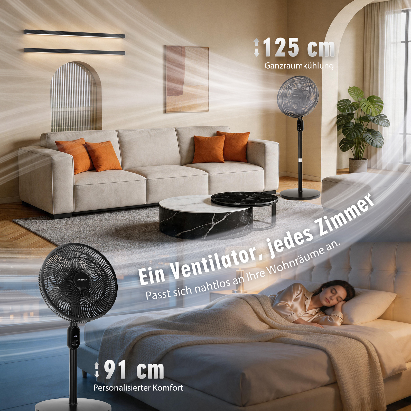 Ein Wohnzimmer mit Sofa und zwei Ventilatoren, einer 125 cm und einer 91 cm.