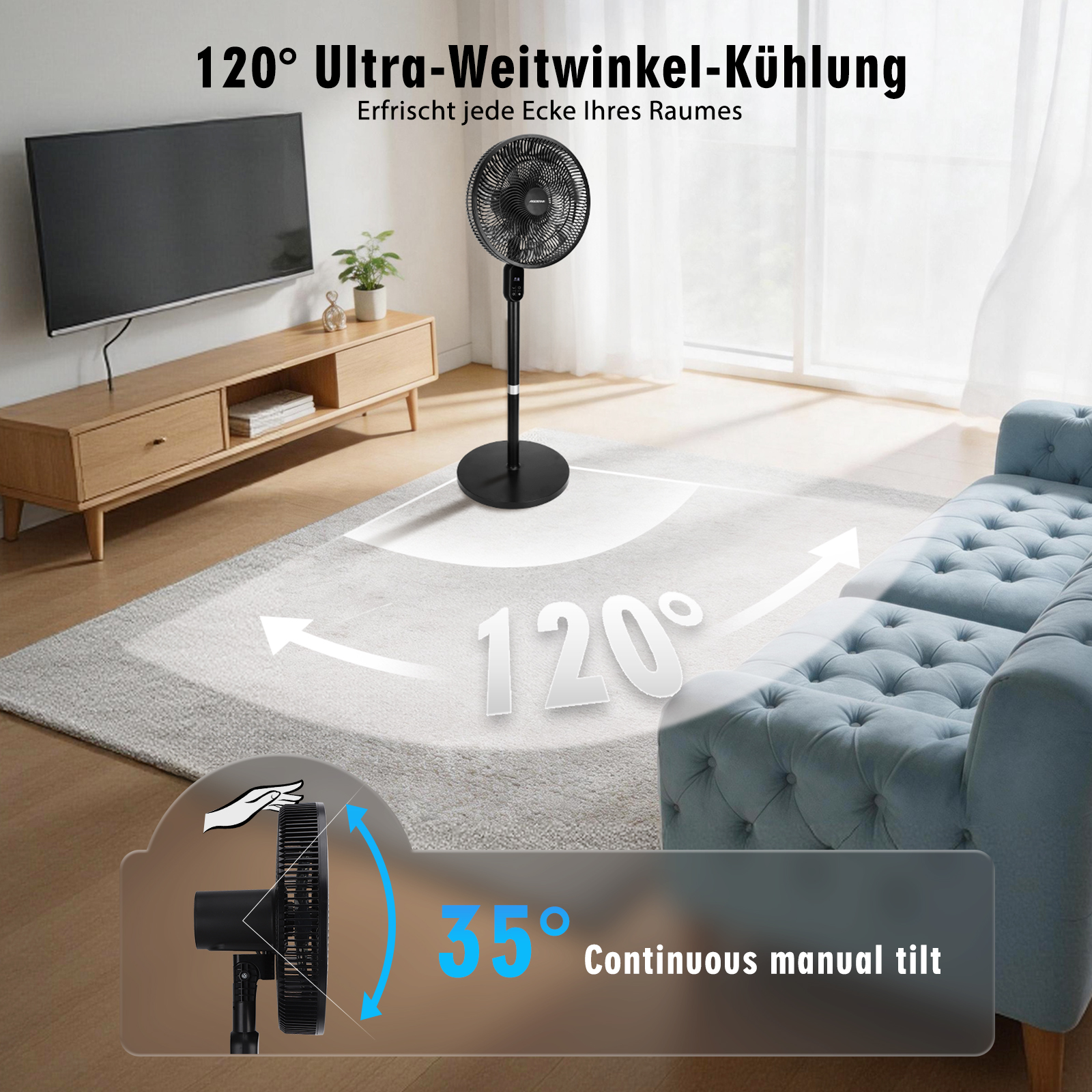 Schwarzer Standventilator mit 120° Wischwinkel und 35° Neigung.
