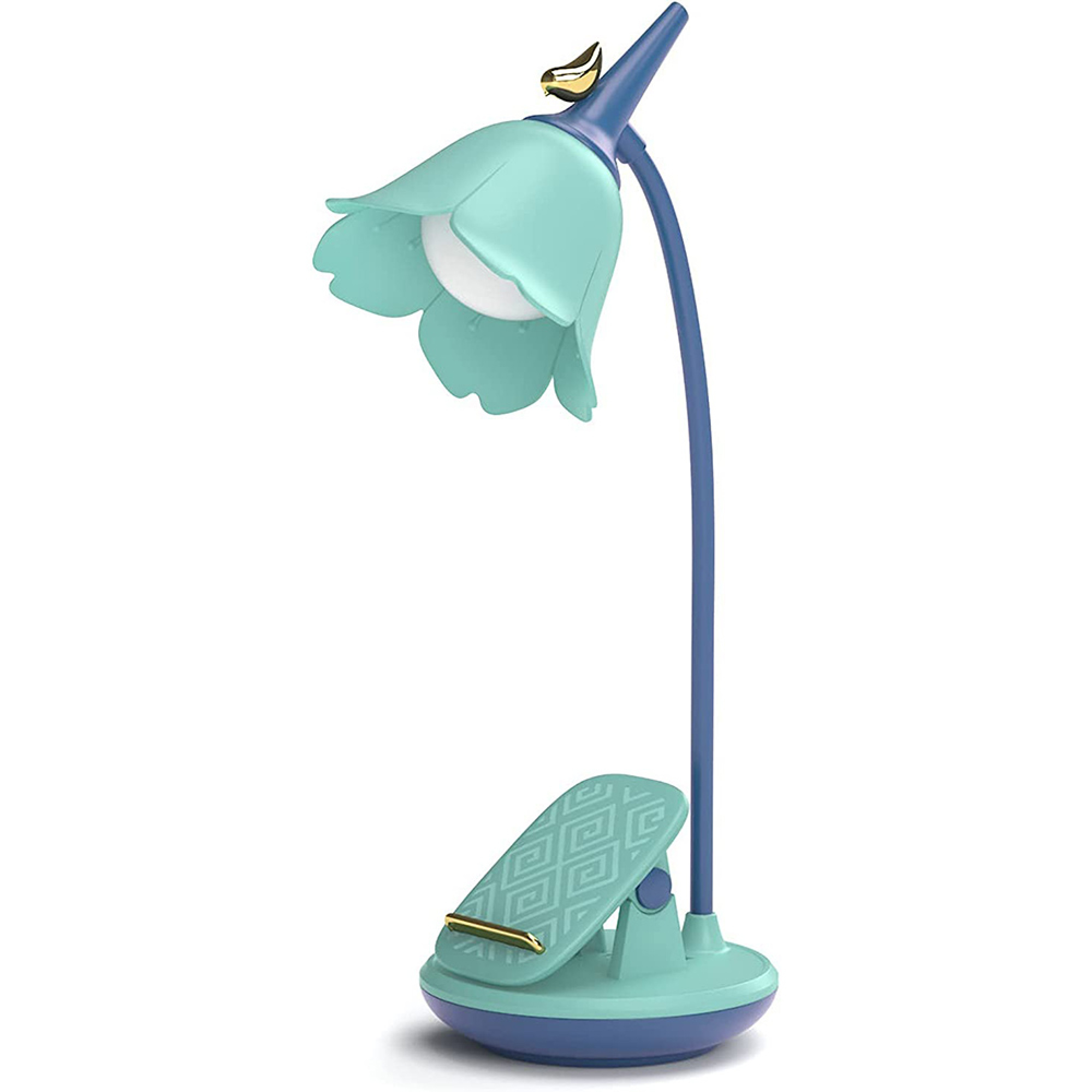 Eine türkisfarbene Lampe in Blumenform mit blauem Ständer und Klemmfuß.