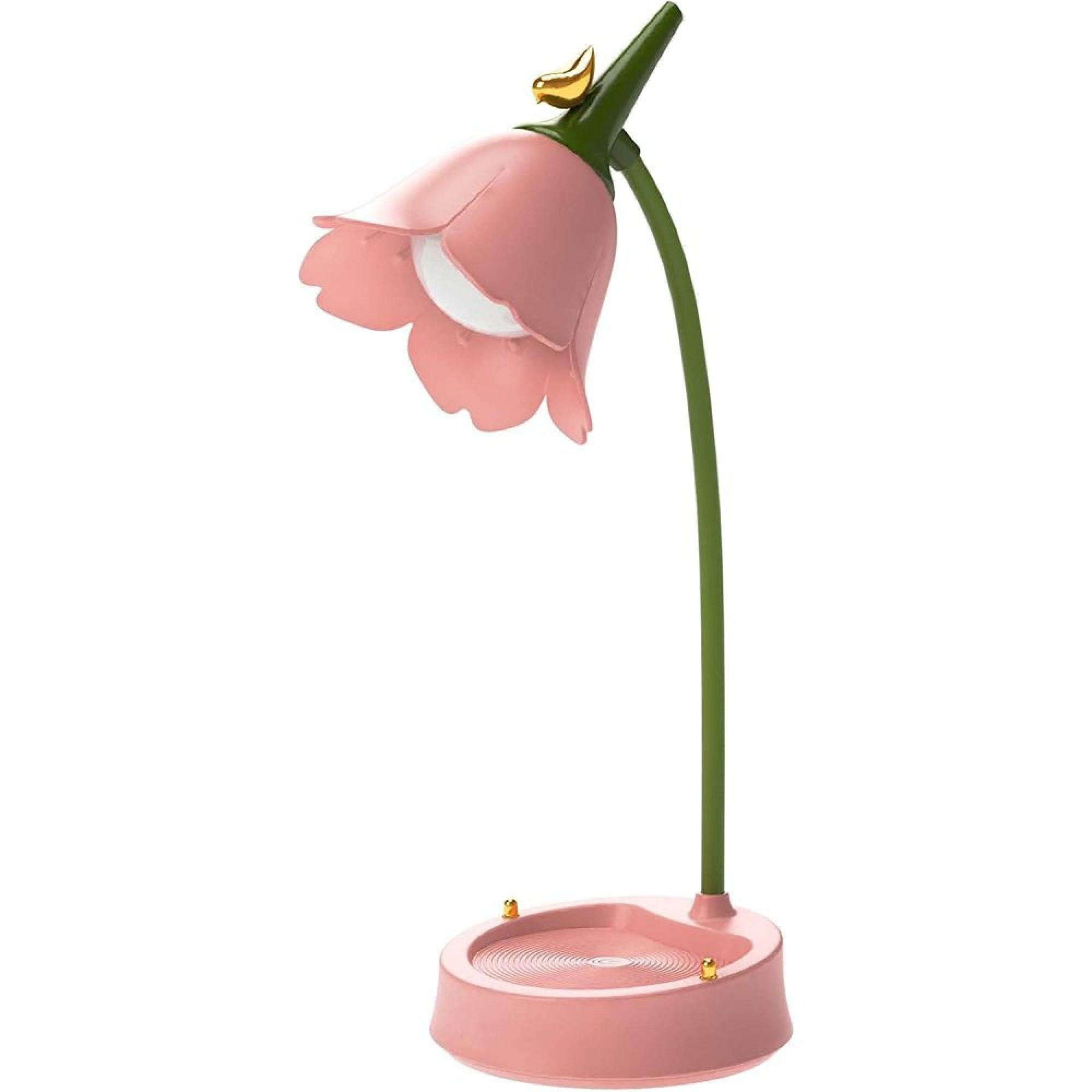 Eine rosafarbene Lampe in Blumenform mit grünem Stiel und goldenem Vogel.