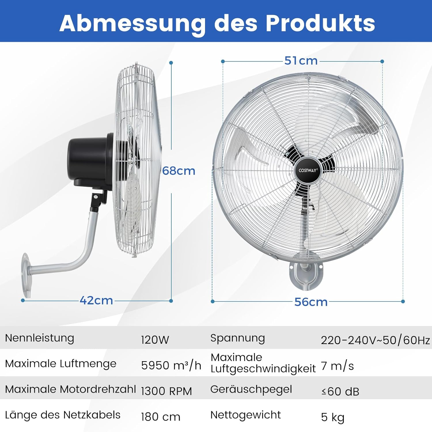 Produktmaße: Ventilatorhöhe 68cm, Breite 56cm, Tiefe 42cm. Leistung 120W.