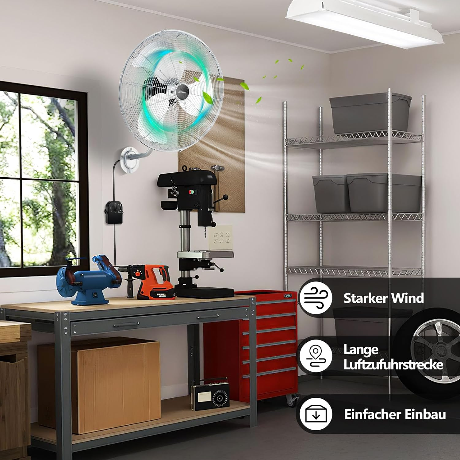 Werkstatt mit Bohrmaschine, Schleifmaschine, Werkzeugschrank, Regal und Ventilator.