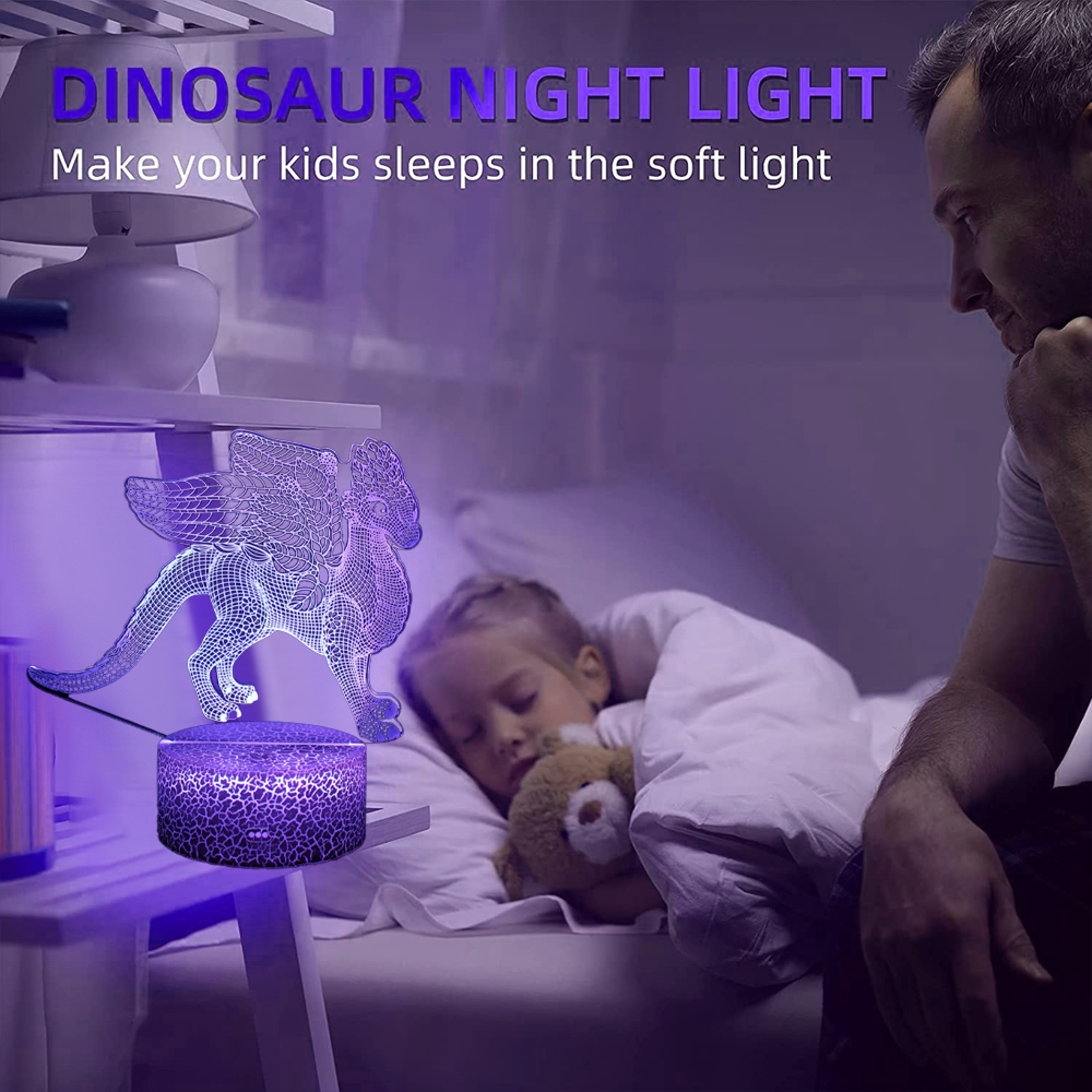 Ein Mann schaut auf ein schlafendes Kind, beleuchtet von einer Drachenlampe.
