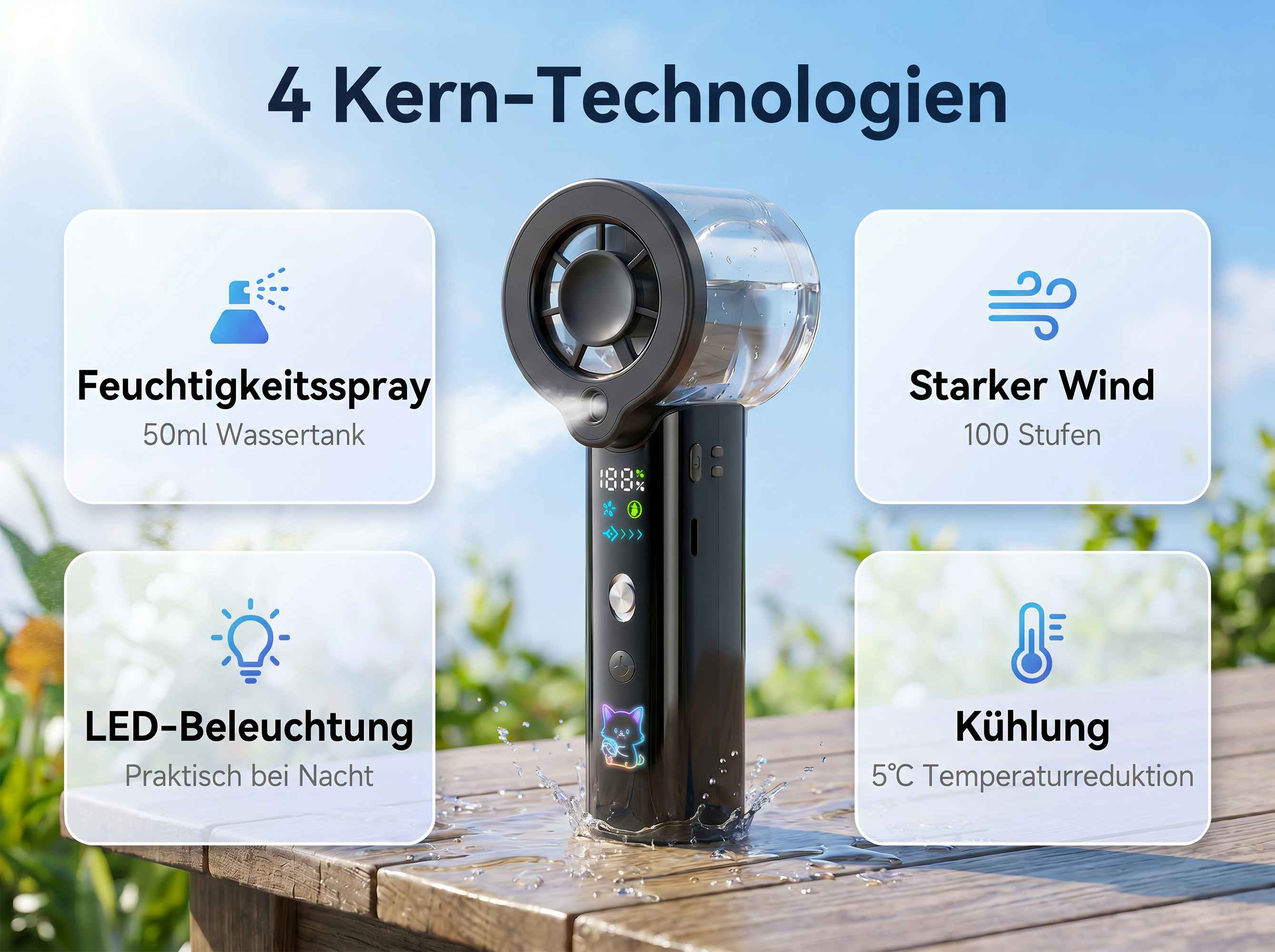 Ein Handventilator mit 4 Kerntechnologien: Sprühfunktion, starker Wind, LED und Kühlung.