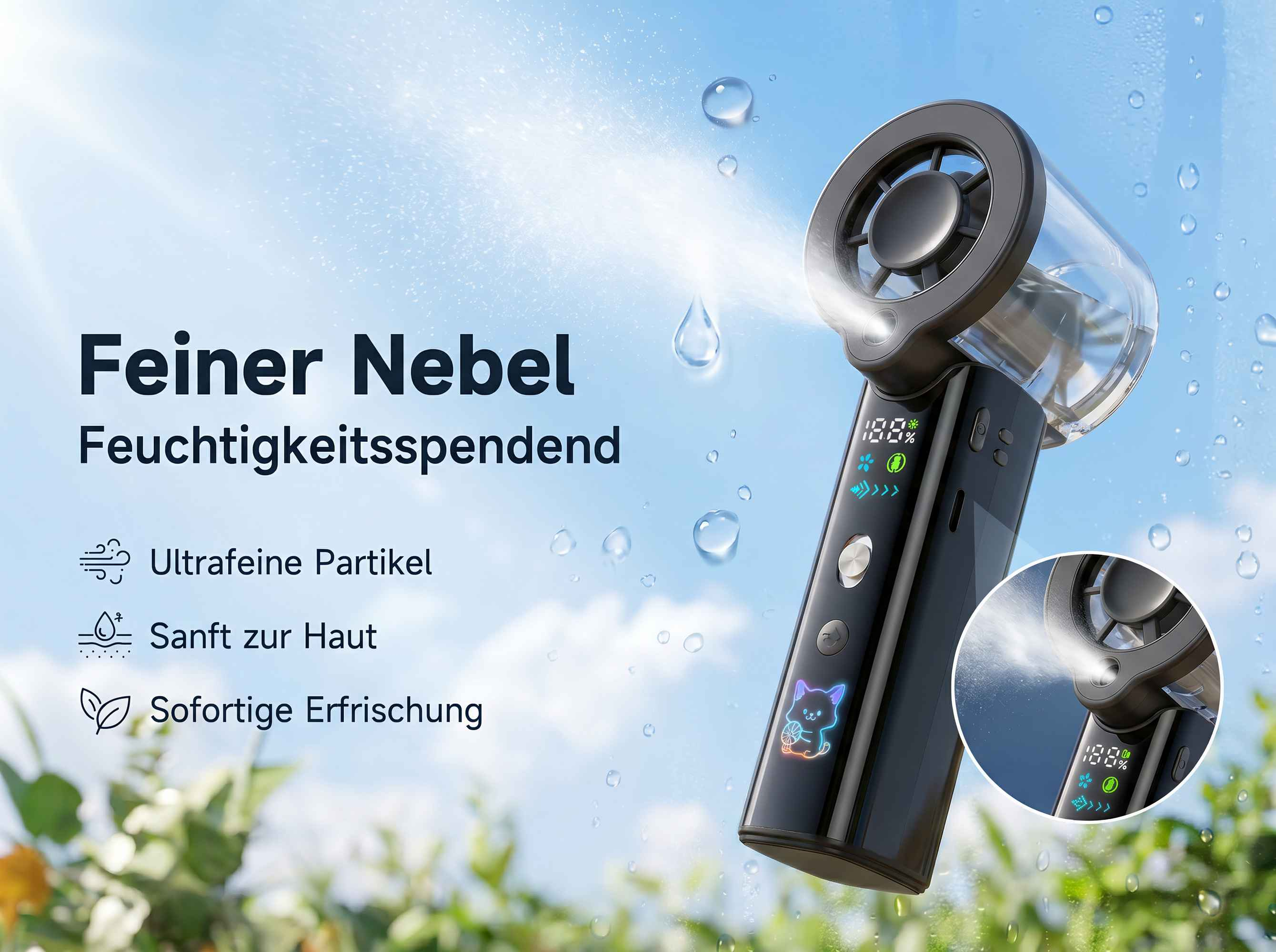 Ein tragbarer Sprühventilator mit digitaler Anzeige und einem niedlichen Cartoon-Tier. Feine Nebel- und Hautpflege.