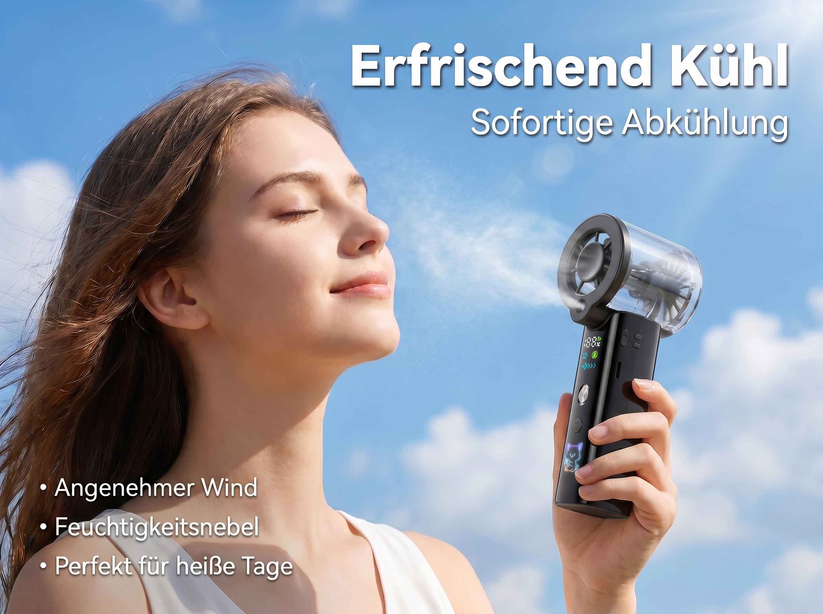 Eine Frau genießt erfrischenden Nebel von einem Handventilator an einem sonnigen Tag.