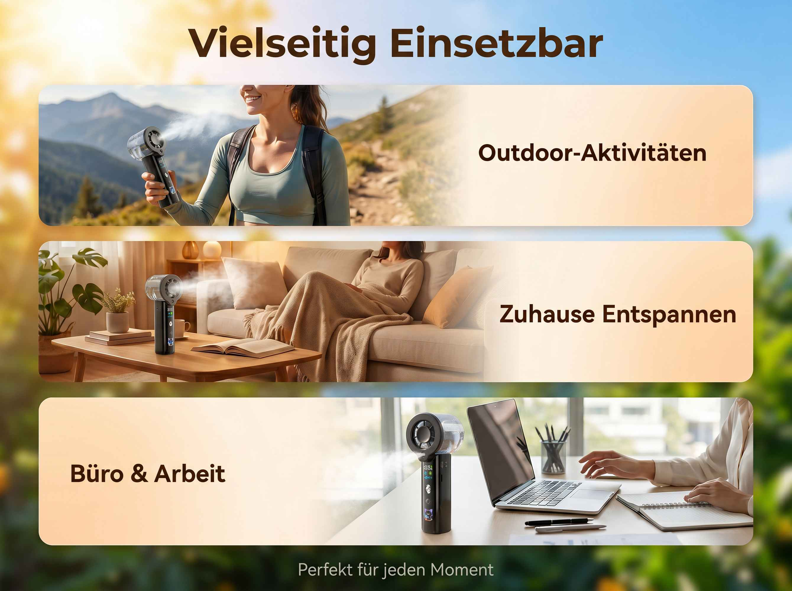 Ein tragbarer Lüfter mit Nebelfunktion für verschiedene Anwendungen.