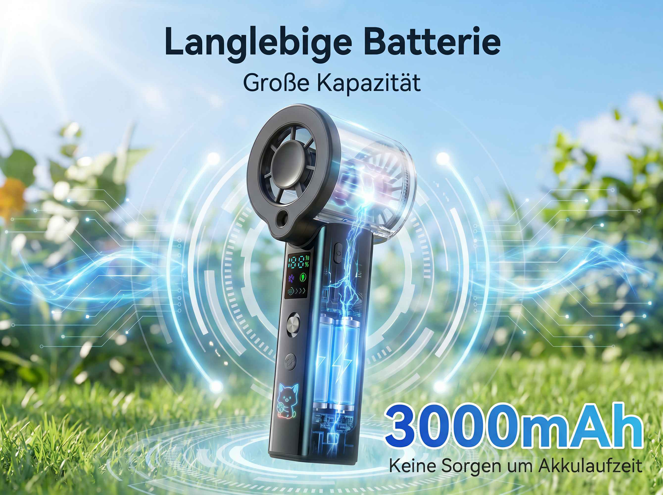 Ein Handventilator mit 3000mAh Batterie und digitaler Anzeige im Freien.