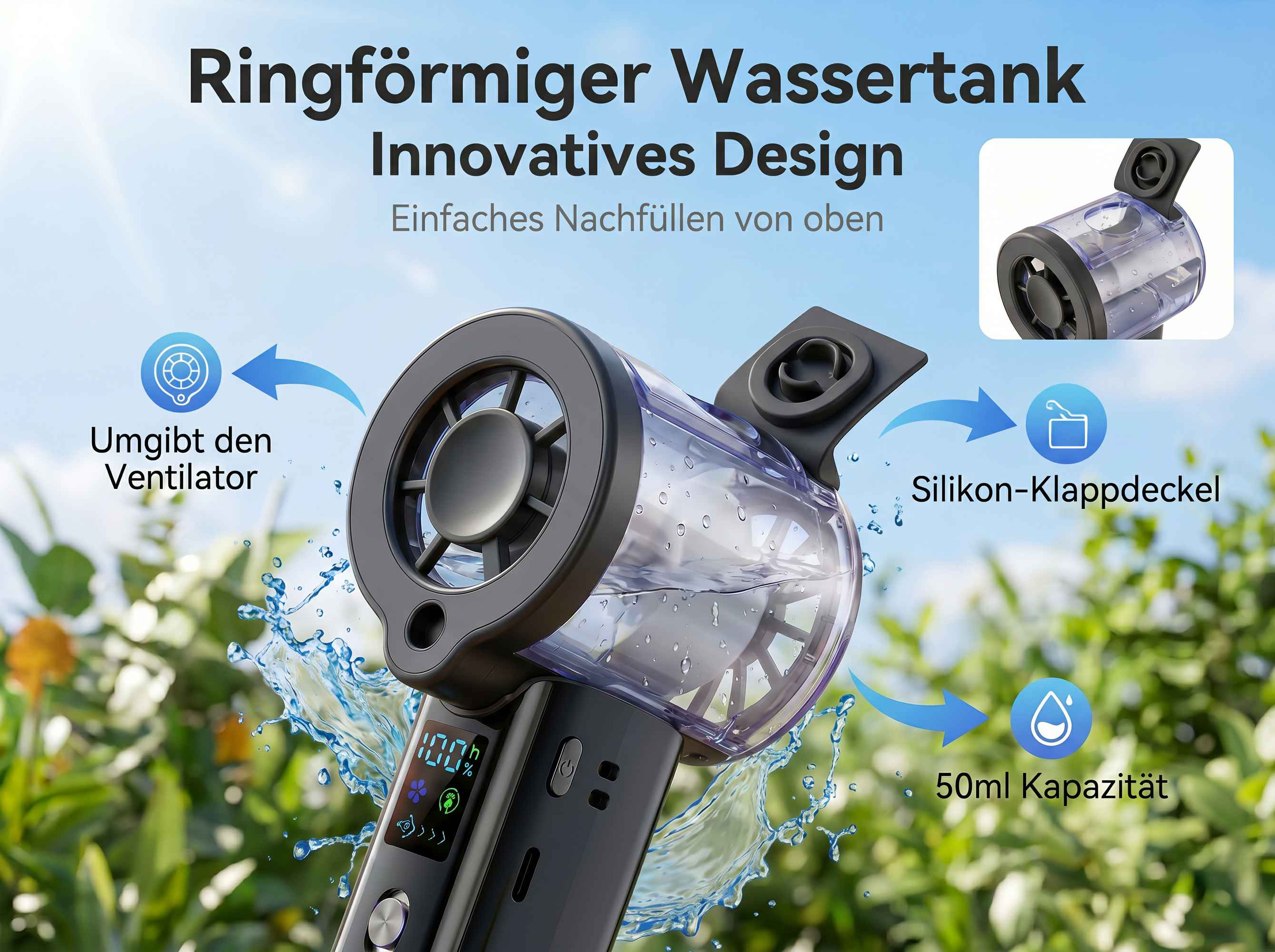 Ein tragbarer Lüfter mit rundem Wassertank und klappbarem Deckel.