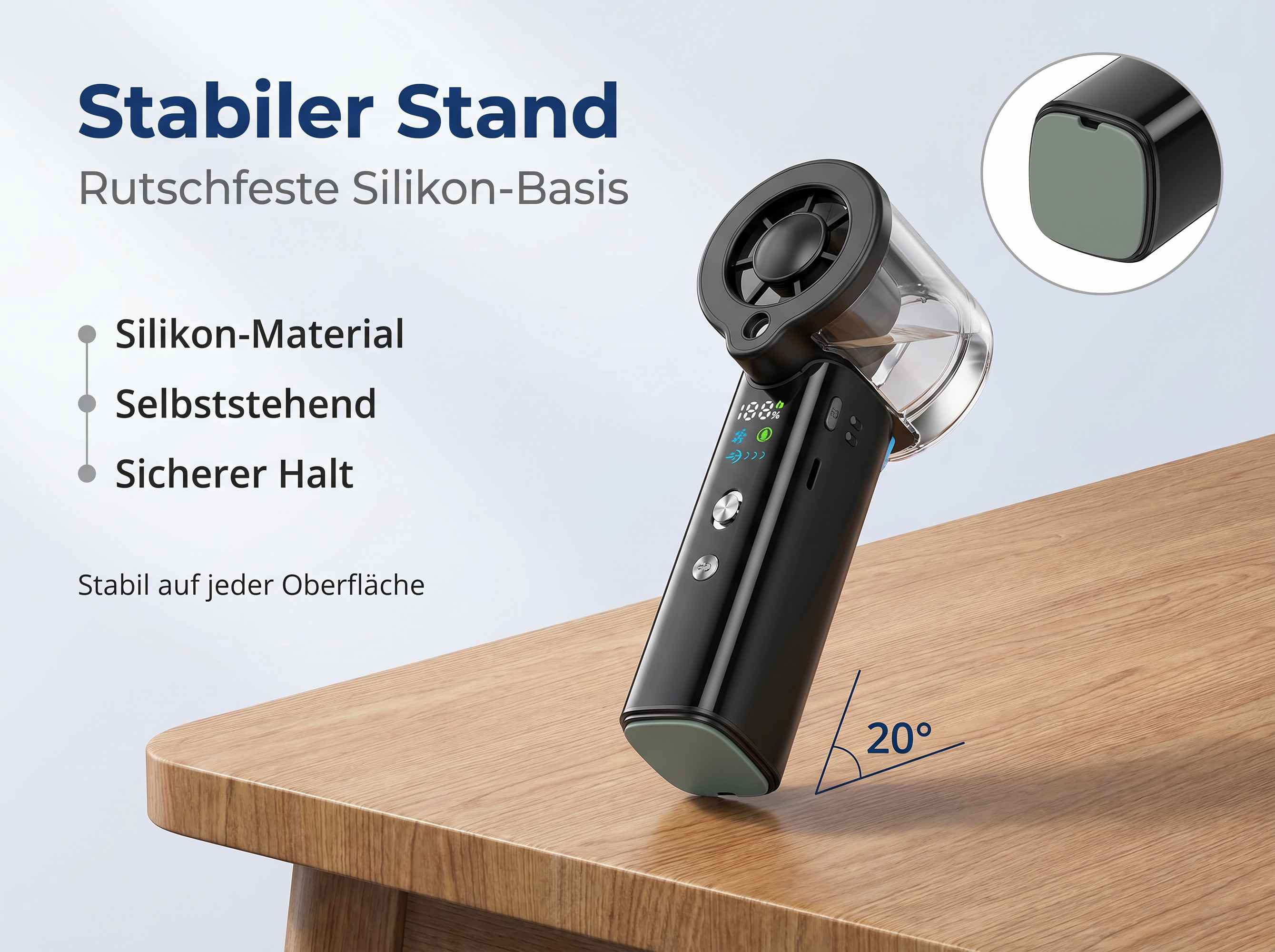 Schwarzer Ventilator mit digitaler Anzeige auf Holzoberfläche, kippt bei 20 Grad.