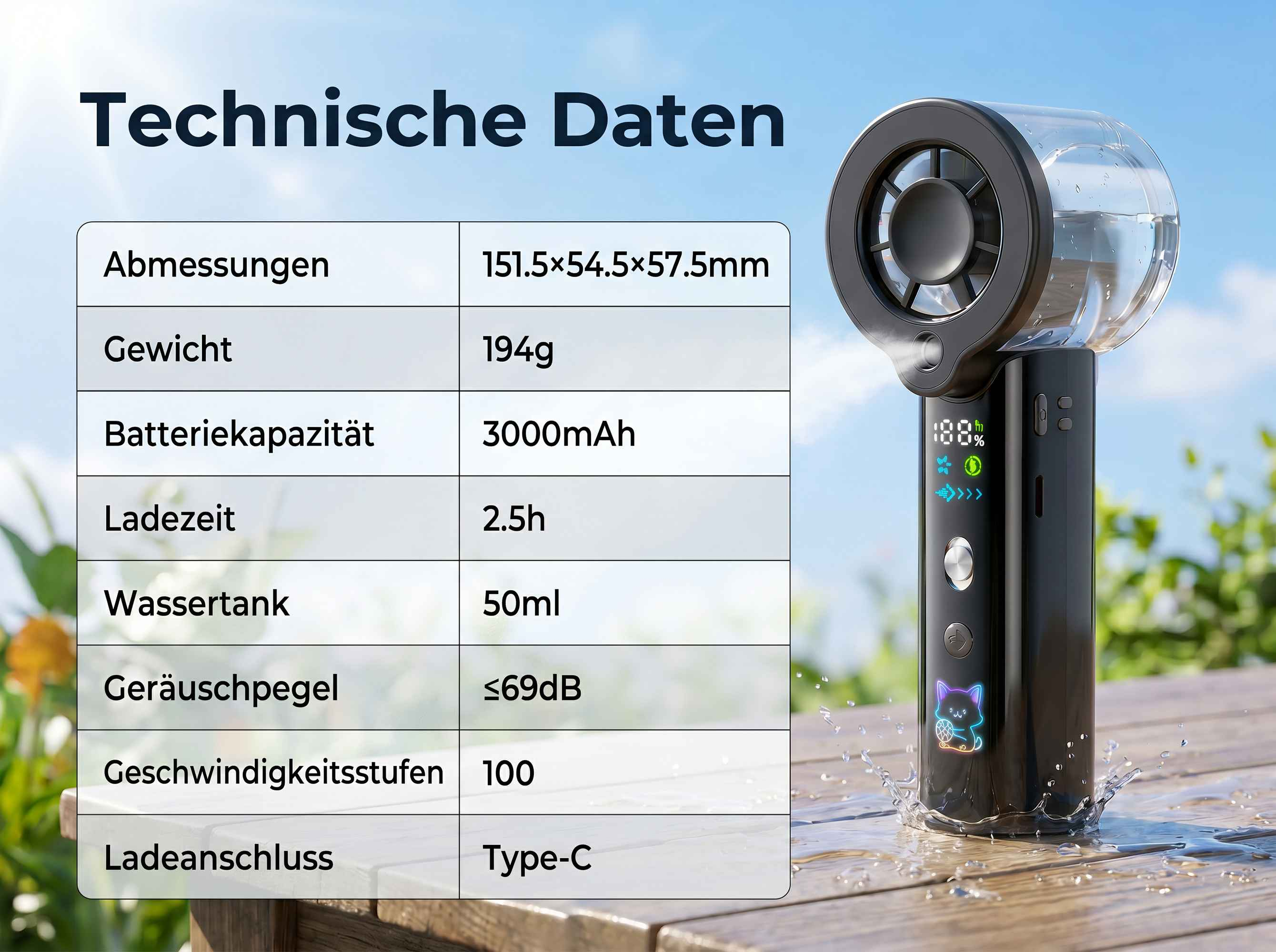 Produktinformationen mit Maßen, Gewicht, Kapazität, Ladezeit, Wassertank, Geräuschpegel, Stufen und Anschluss.