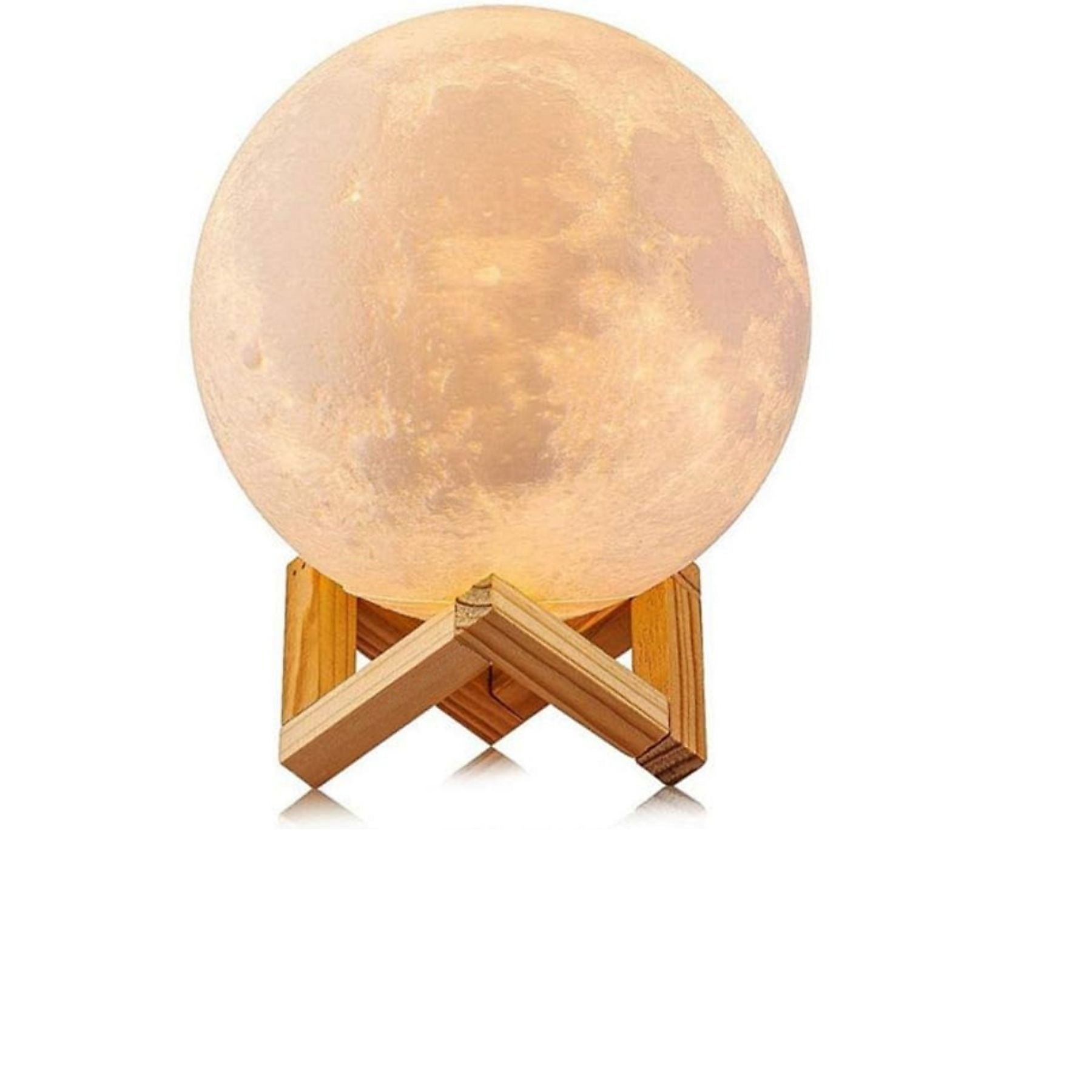 Eine Mondlampe aus Holz mit weißem Hintergrund.