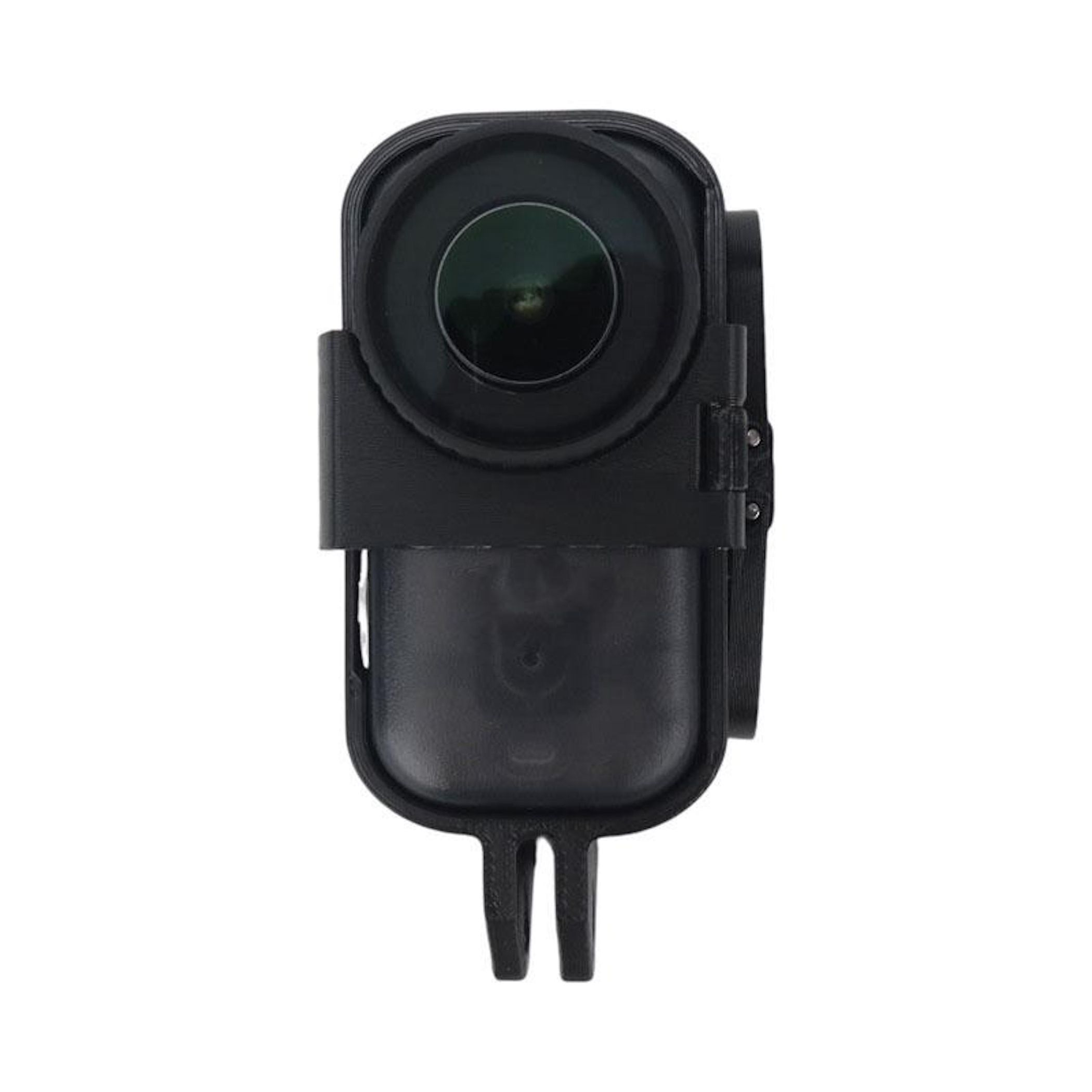 Fotocamera impermeabile nera con obiettivo e supporto.