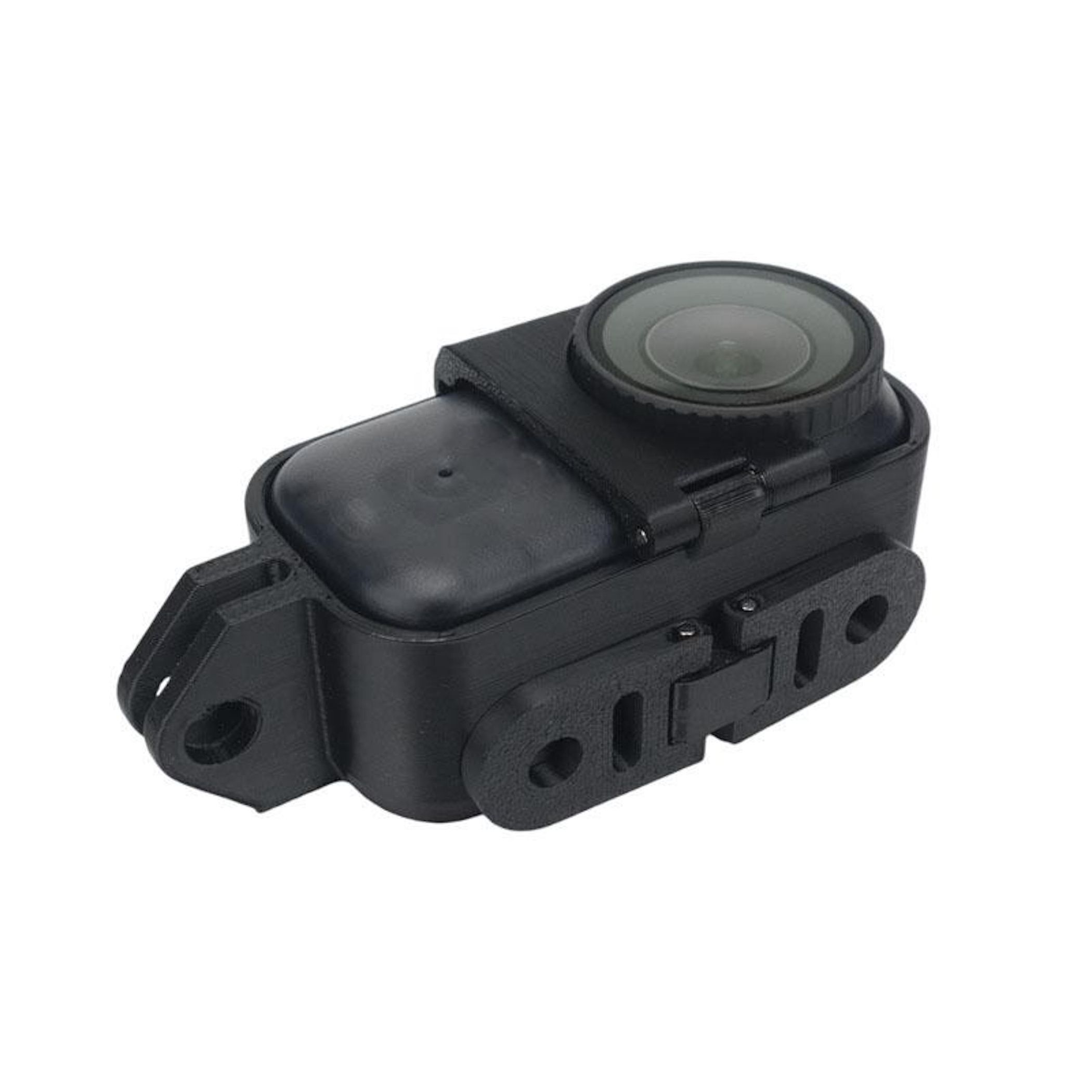 Scatola della fotocamera nera con supporto e obiettivo.