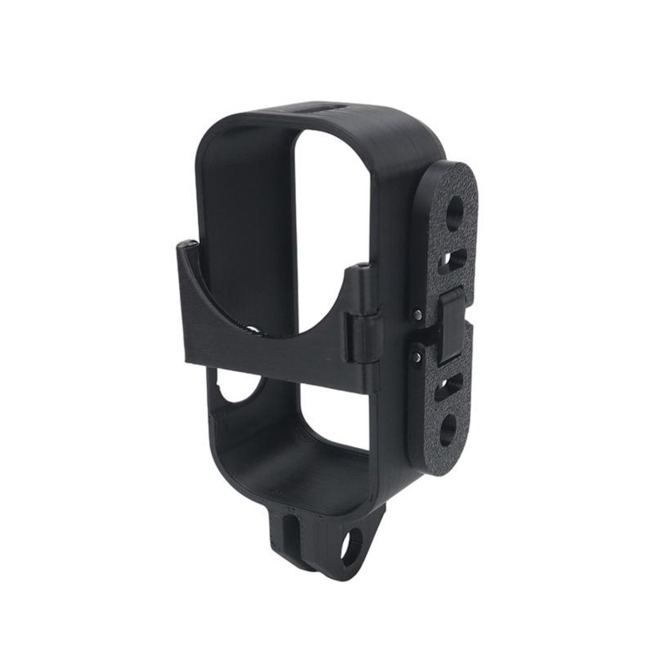 Un supporto per fotocamera nero stampato in 3D con cerniera e fori di fissaggio.
