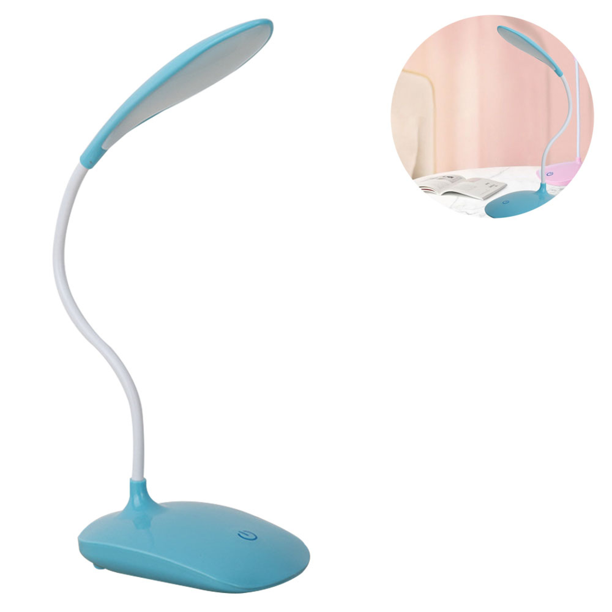 Eine blaue Schreibtischlampe mit weißem Hals und einem runden Sockel mit einem Ein-Symbol.