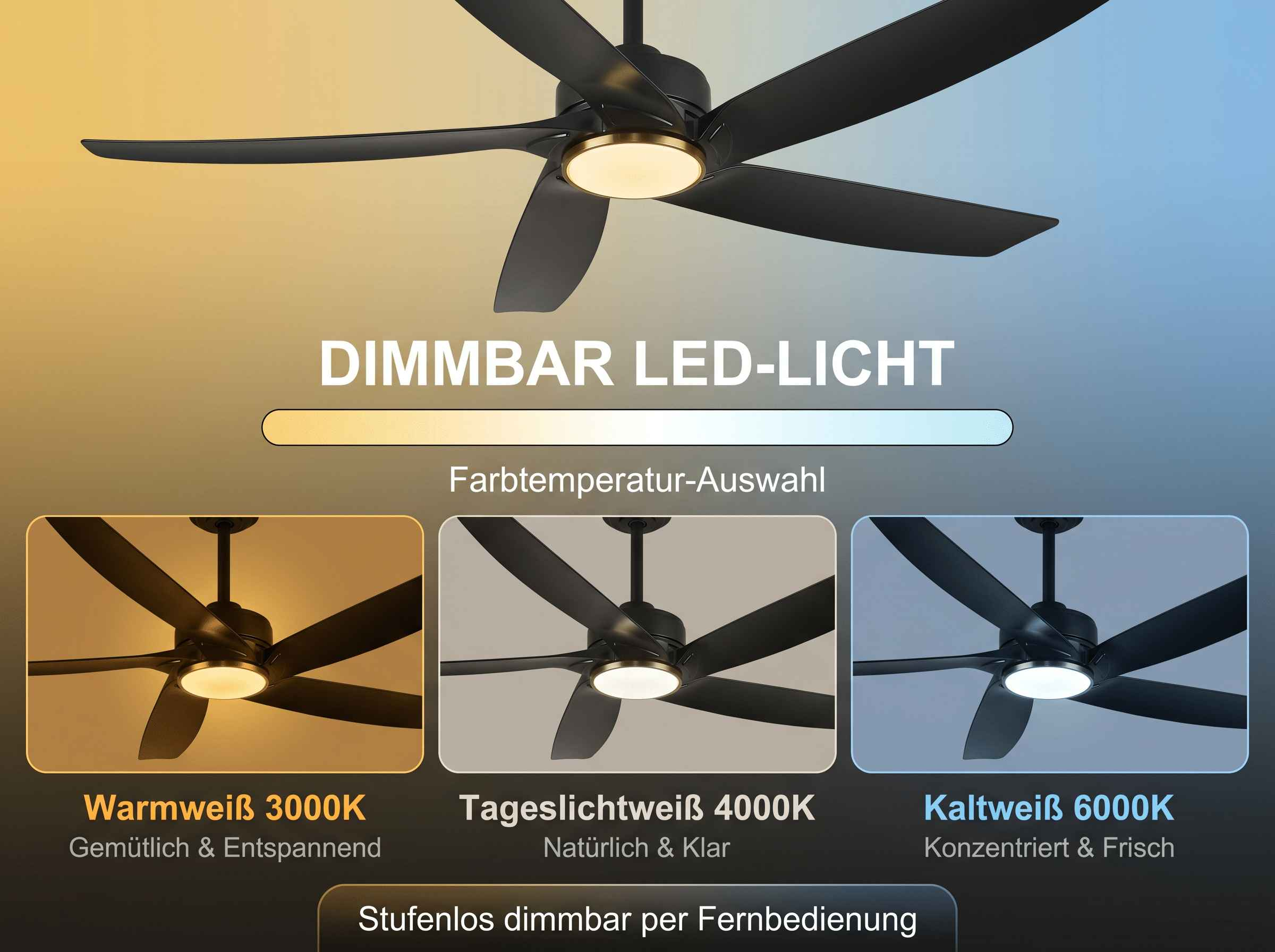 Schwarzer Deckenventilator mit dimmbarem LED-Licht in drei Farbtemperaturen.