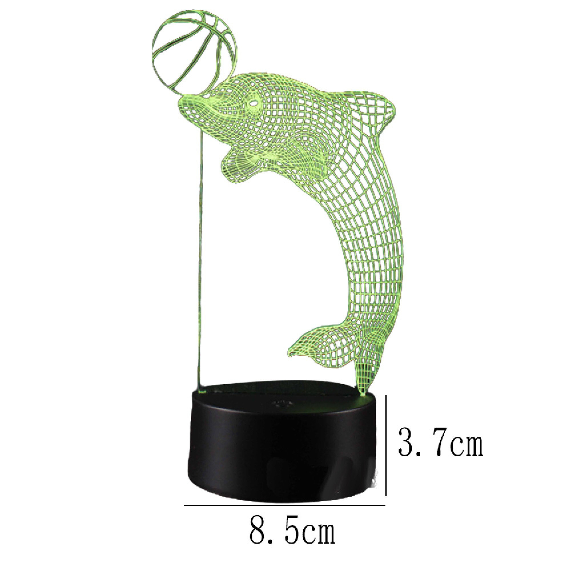 Grüner Draht-Delfin mit Basketball auf schwarzer Basis. Maße 8,5x3,7cm.