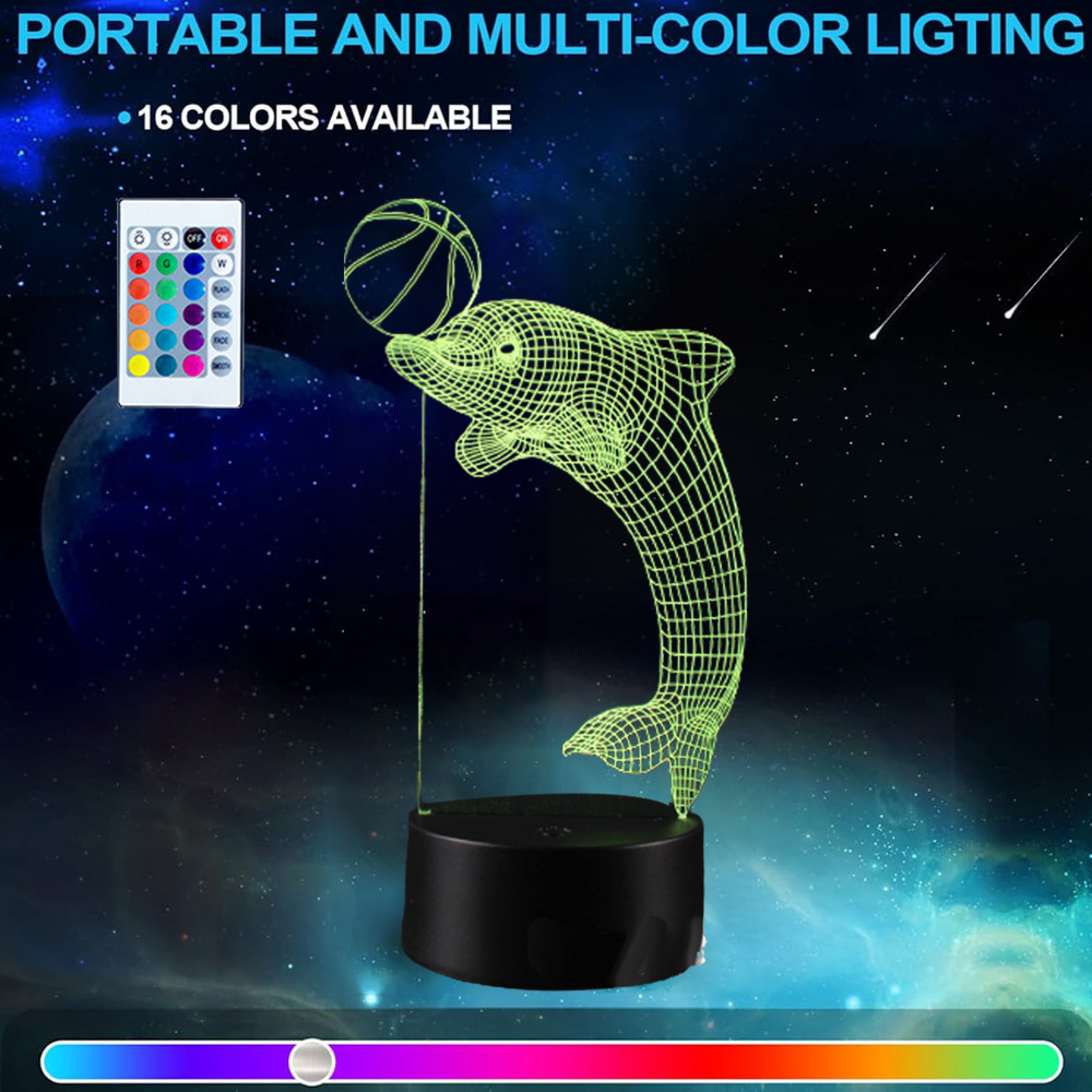 Eine grüne, drahtige Delfinlampe mit einem Basketball und einer Fernbedienung auf Weltraumhintergrund.