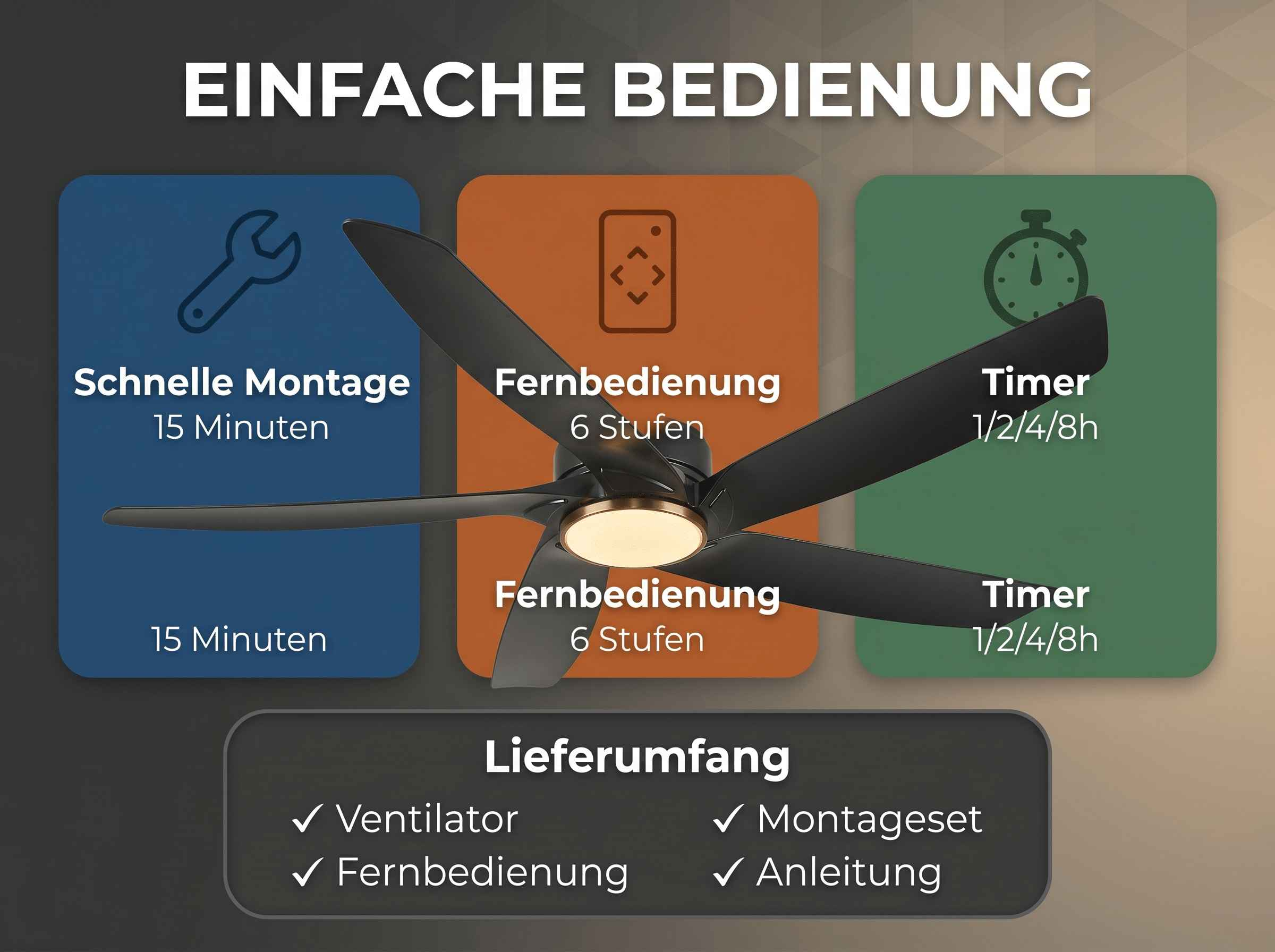 Deckenventilator mit Fernbedienung, Timer & einfacher Montage.