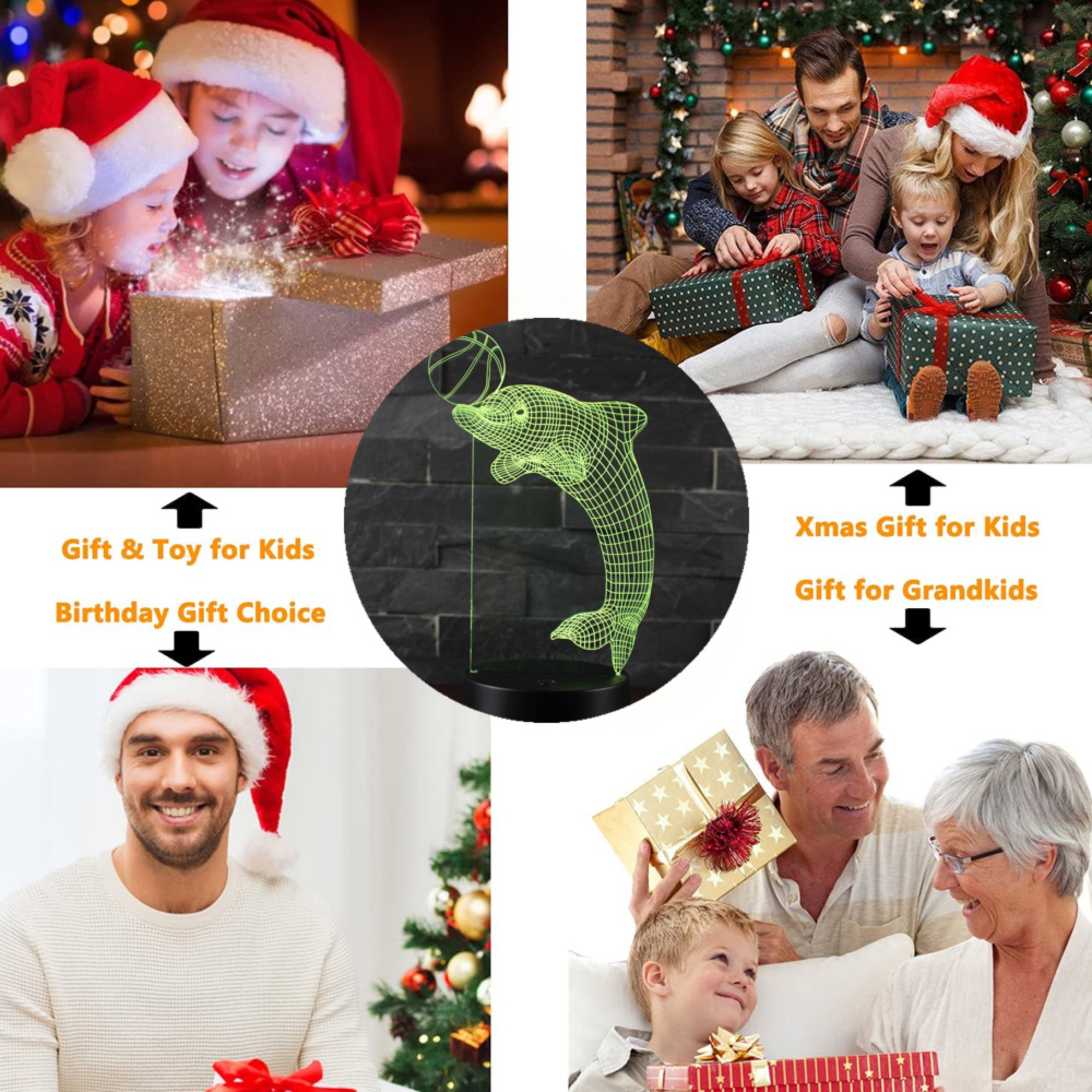 Collage mit Familien, Geschenken und einem Delfin-Nachtlicht.