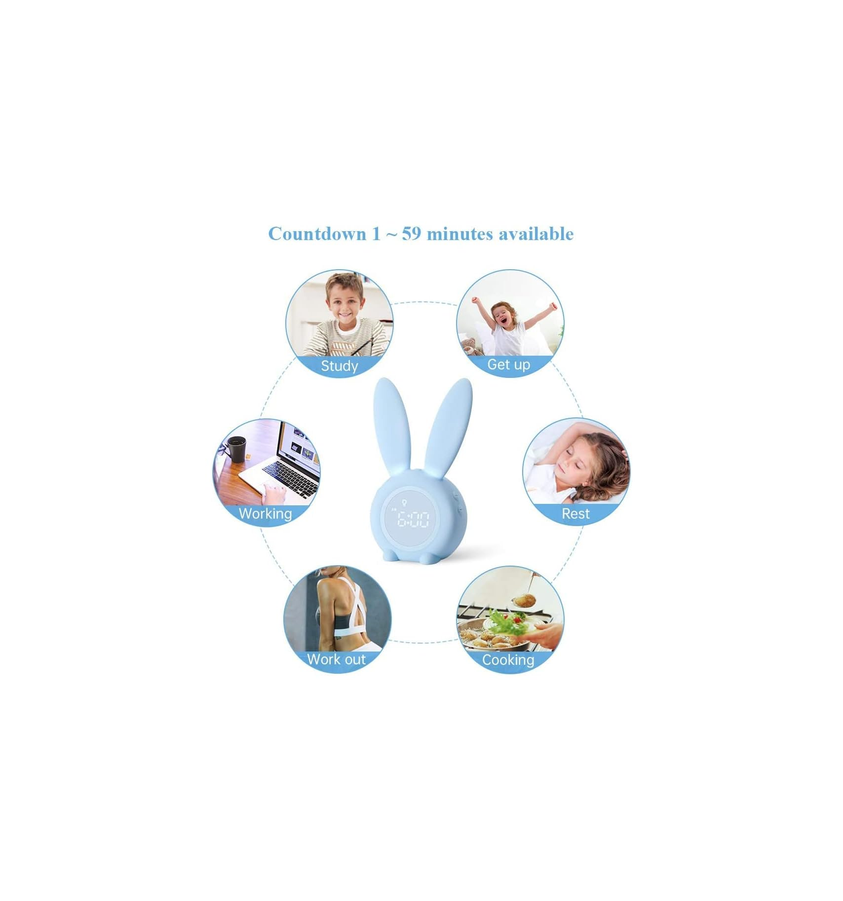 Ein blauer Hase-Wecker mit verschiedenen Aktivitäten wie Lernen, Aufstehen, Ausruhen, Kochen, Training und Arbeiten.