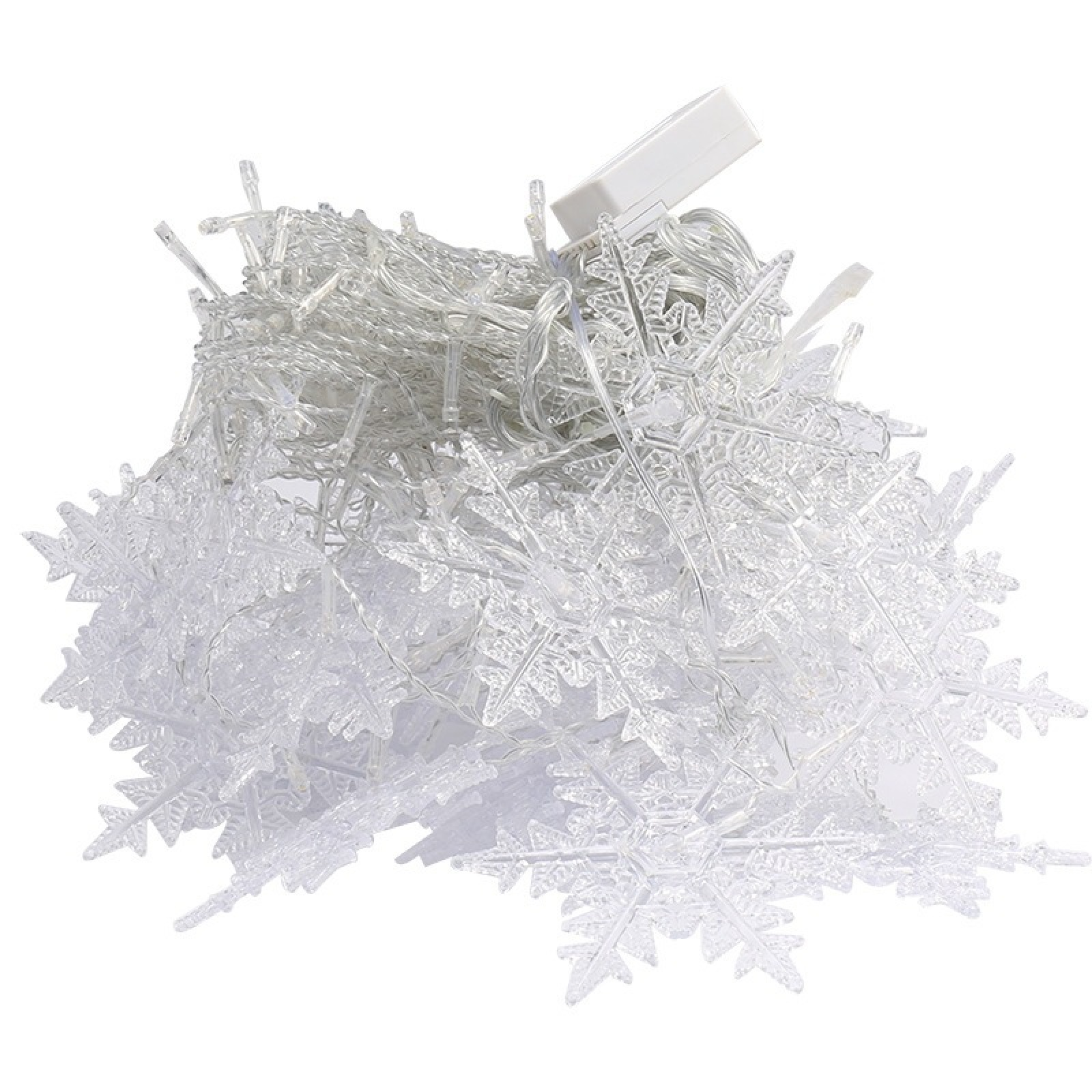 Ein verworrenes Knäuel klarer, schneeflockenförmiger Lichterketten mit weißem Stecker.