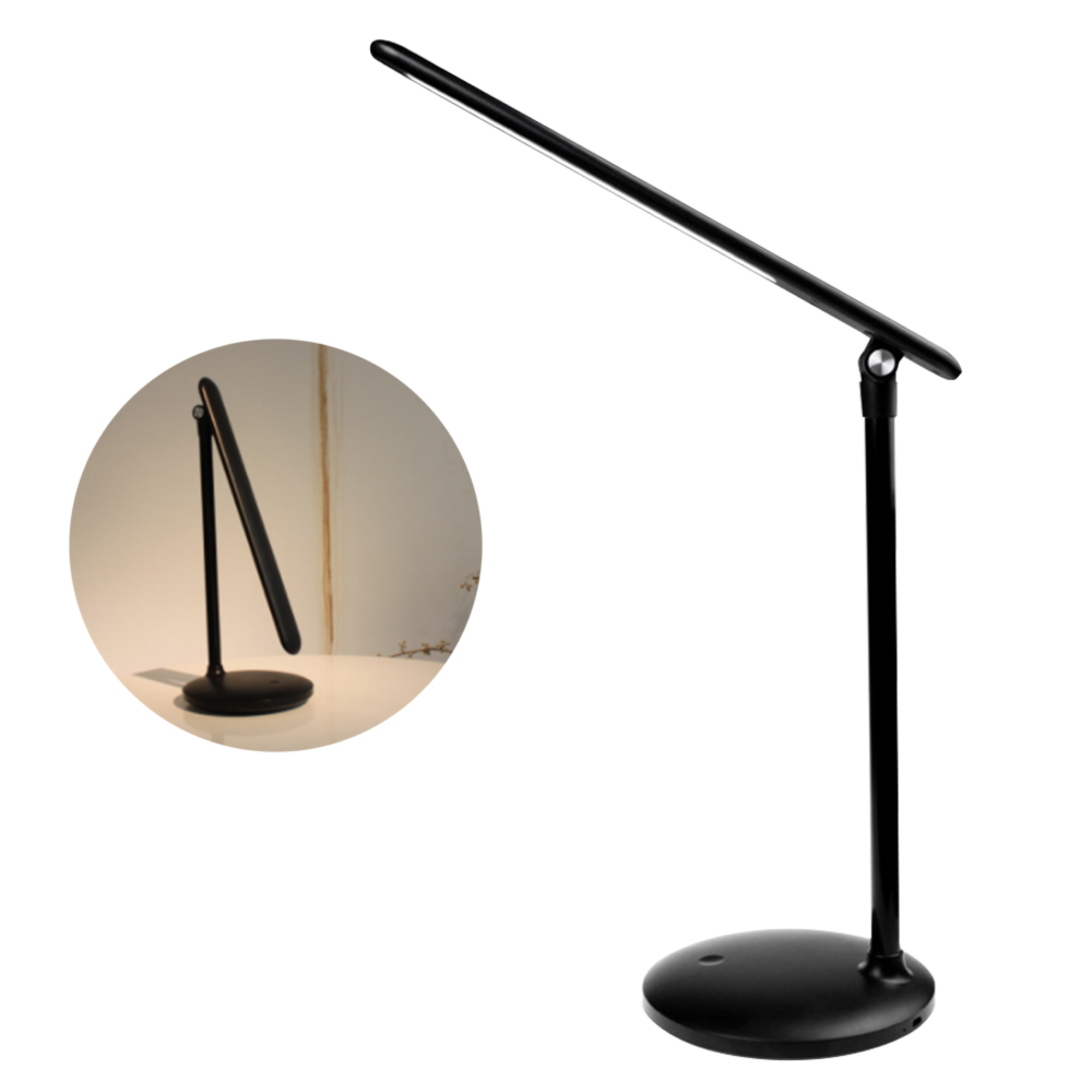 Ein schwarzer Schreibtischlampe mit schmalem LED-Lichtbalken und rundem Sockel.