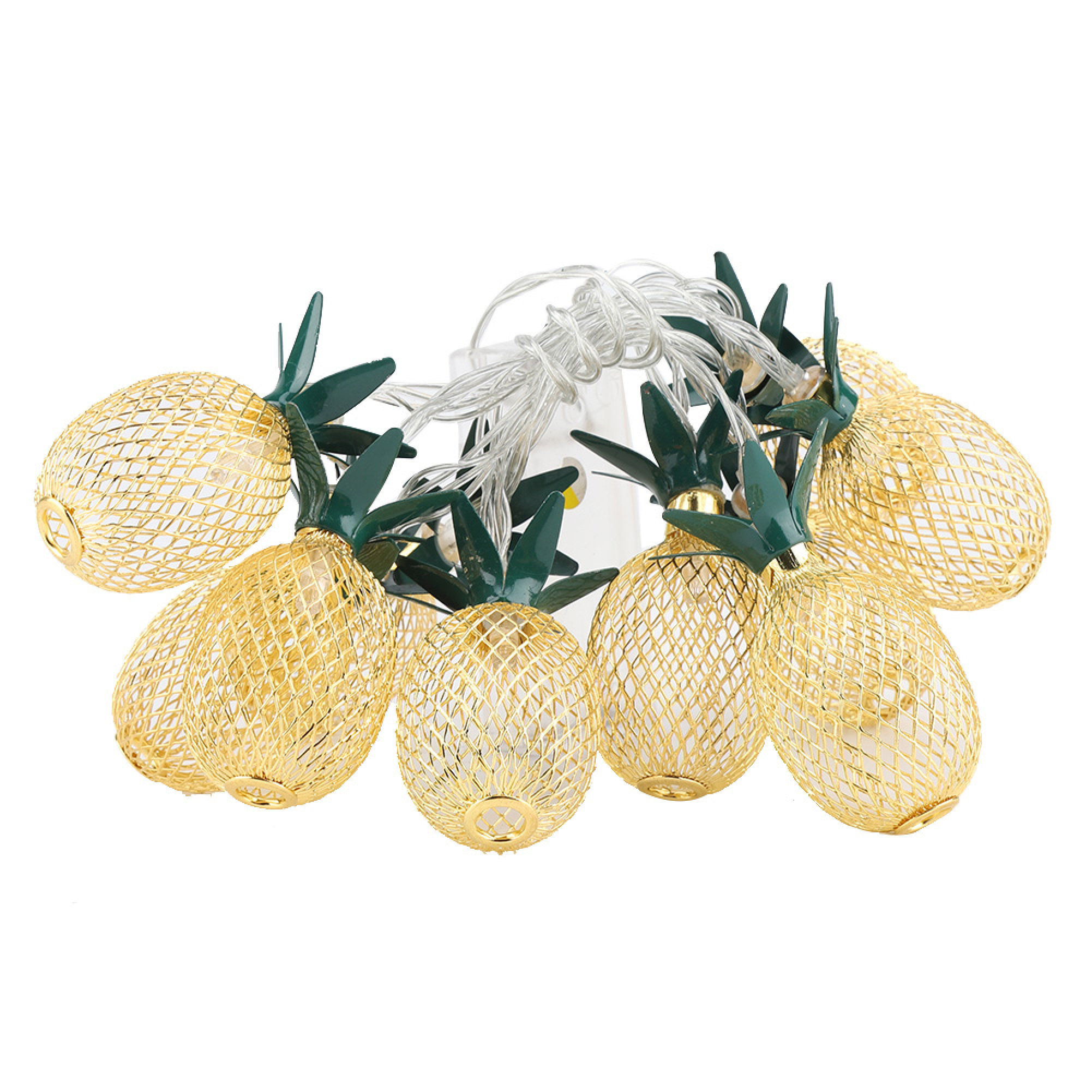 Goldene Lichterketten in Ananasform mit grünen Blättern auf weißem Hintergrund.
