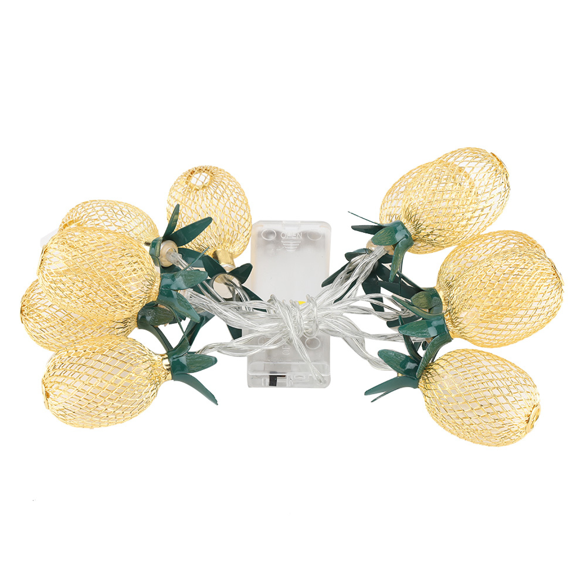 Lichterkette mit goldenen Ananas-Lampenschirmen und grünem Blattwerk.